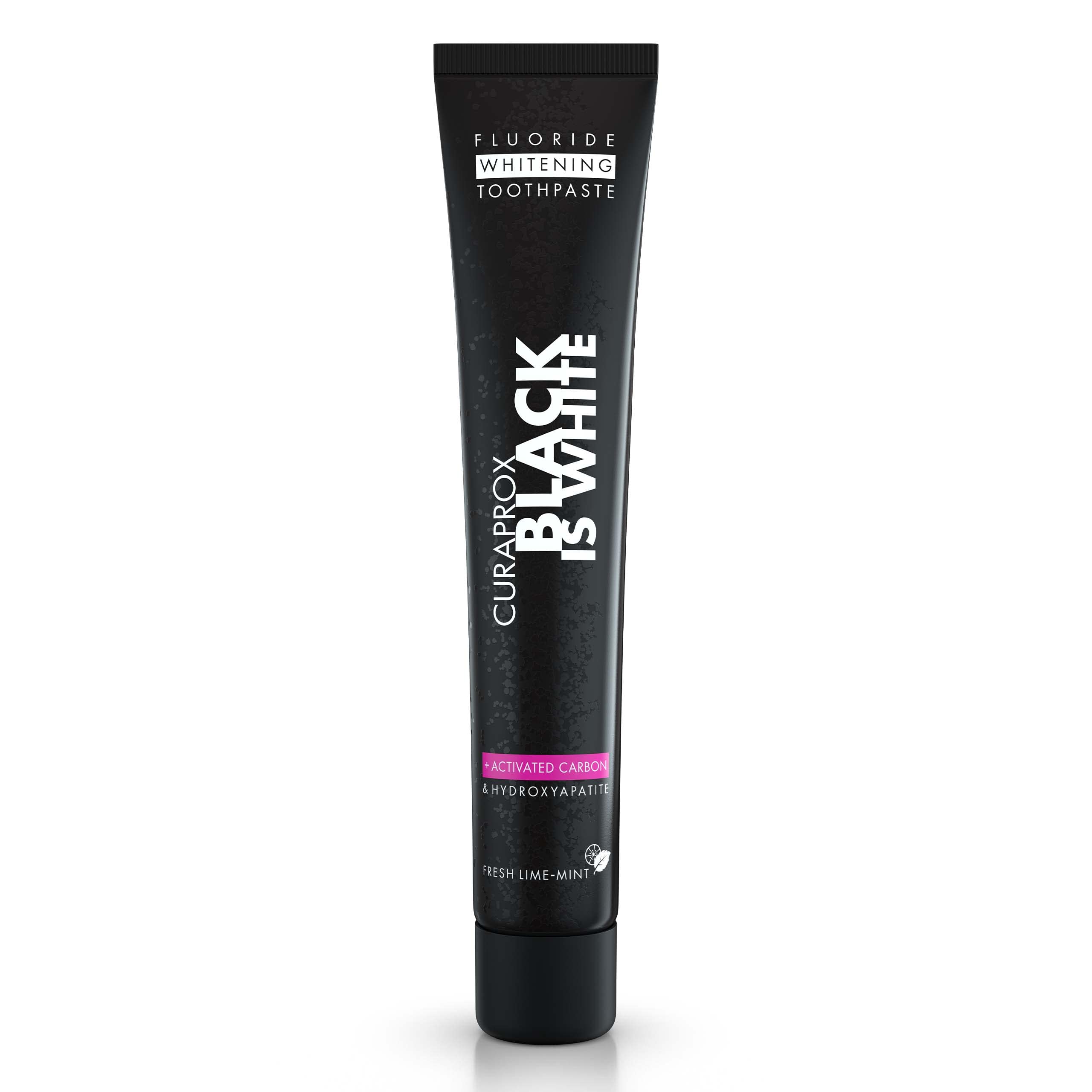 Curaprox Black is White, tube dentifrice charbon 90 ml pour blanchiment en douceur.
