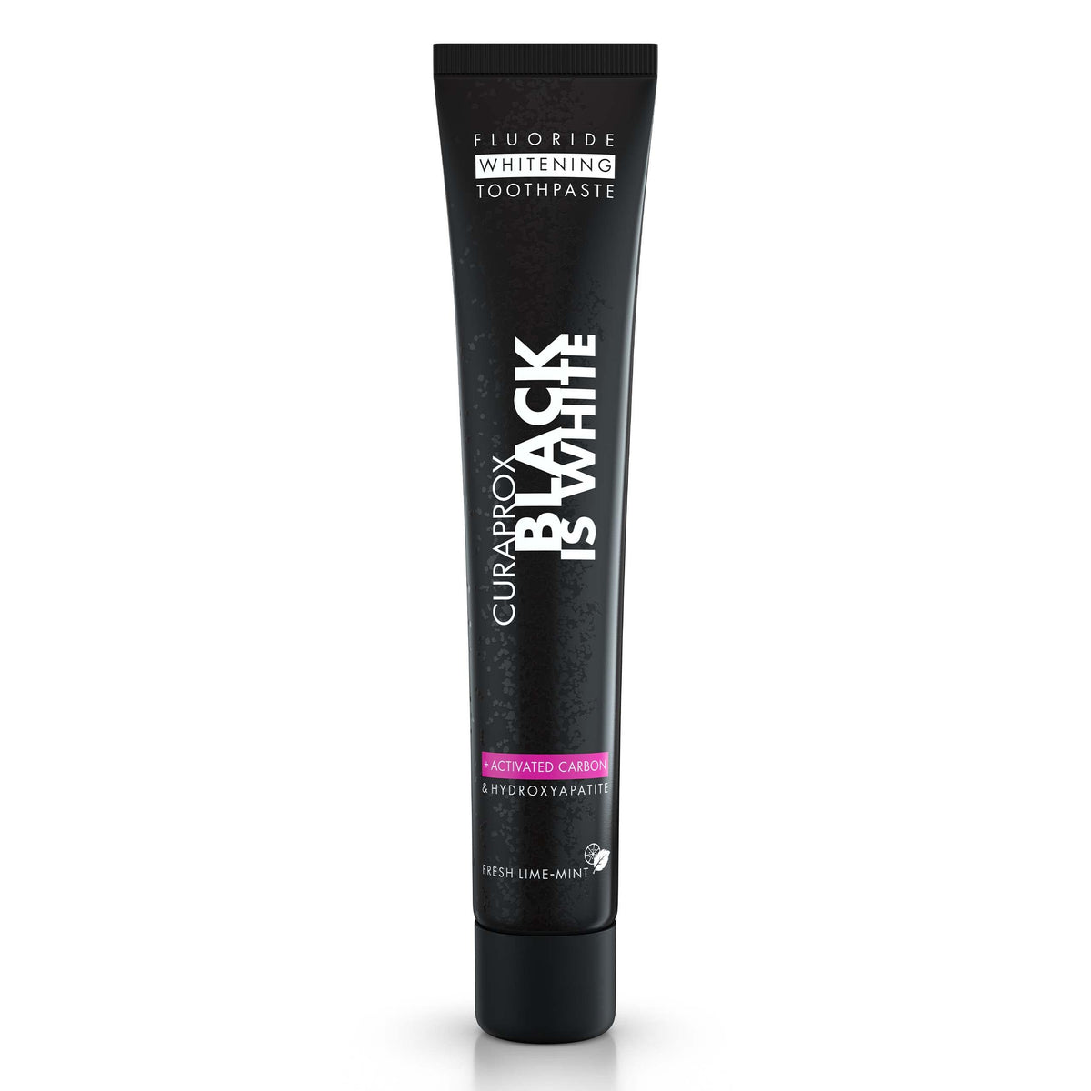 Curaprox Black is White, tube dentifrice charbon 90 ml pour blanchiment en douceur.