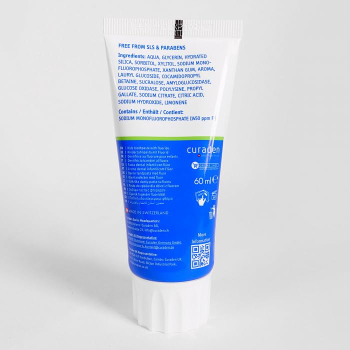 Curaprox dentifrice enfants 6+ – goût menthe léger pour le brossage.