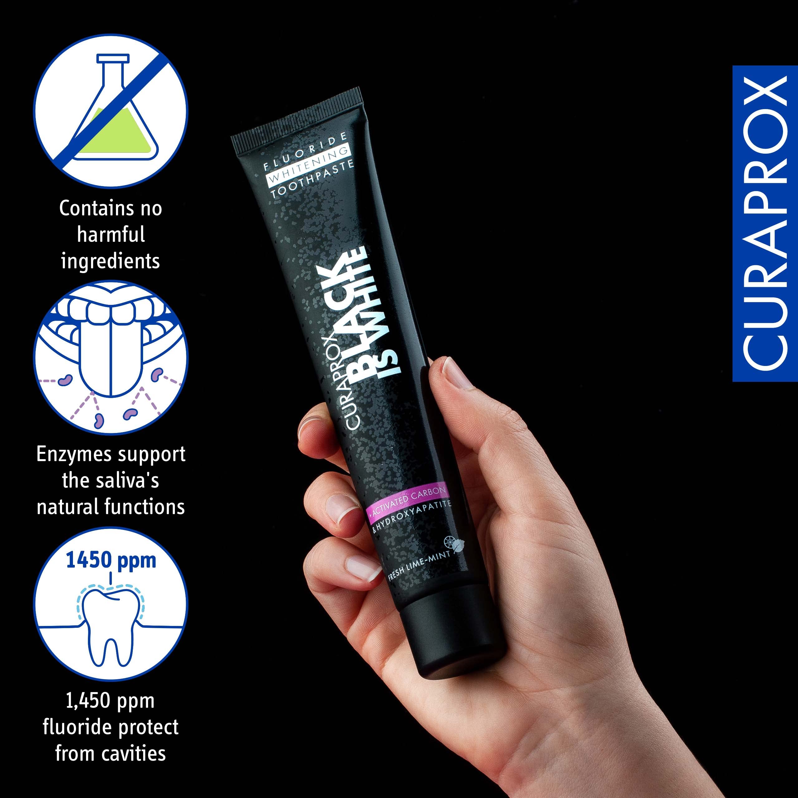 Curaprox Douceur – dentifrice charbon doux pour sensibilite et gencives.