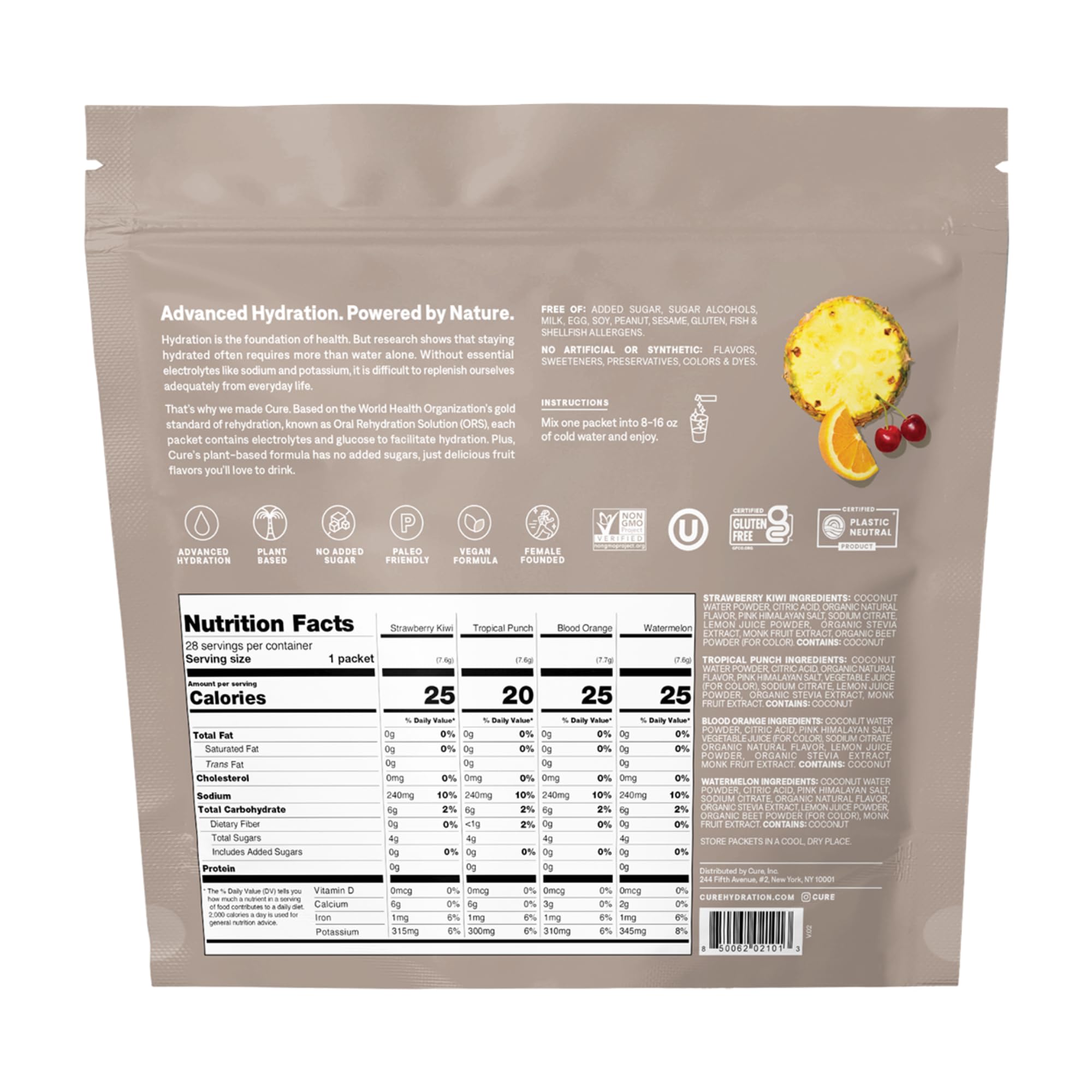 Cure Hydration: ingrédients coco et fruits réels pour une boisson naturelle.