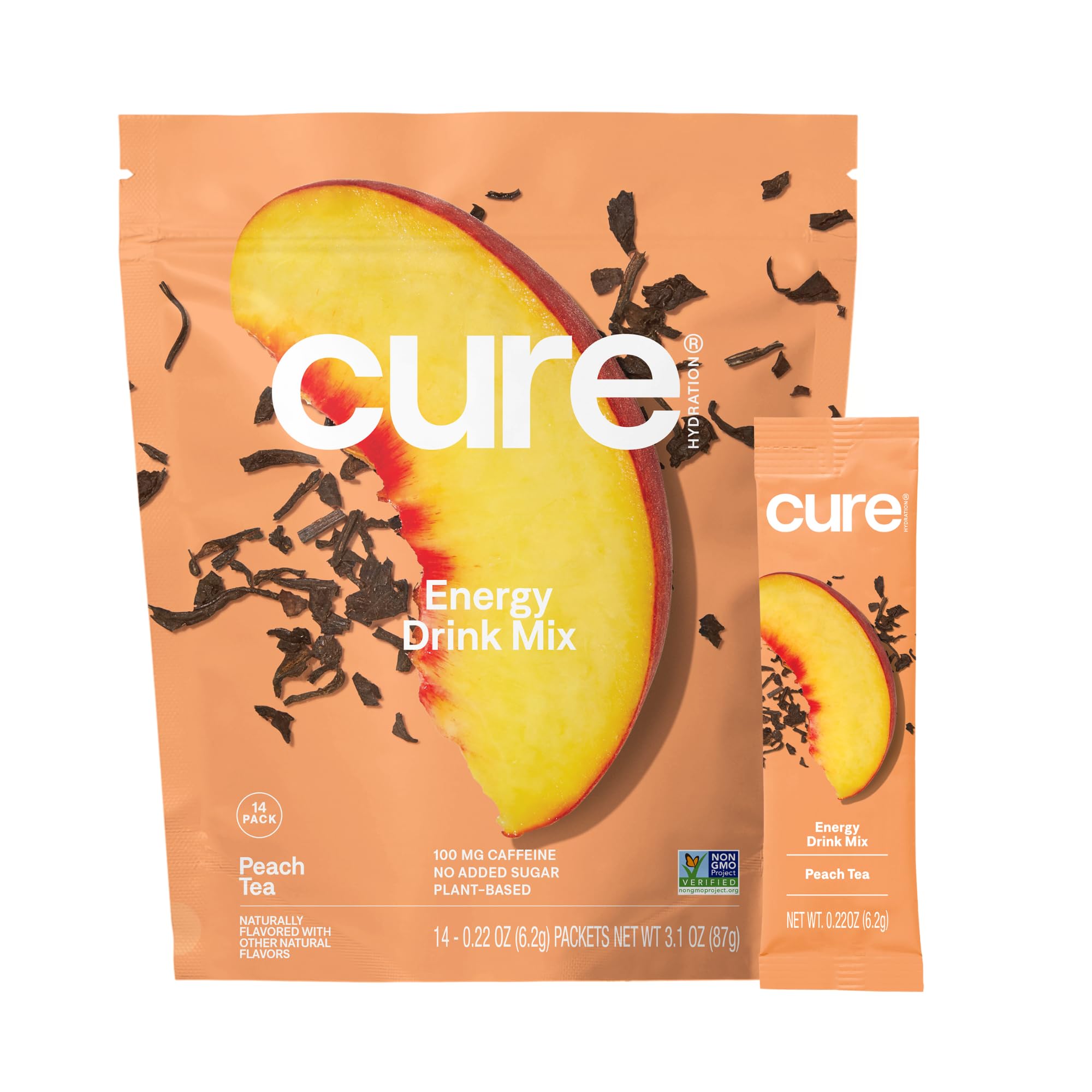 Cure Hydration Performance : sachets pêche alignés pour énergie pratique.