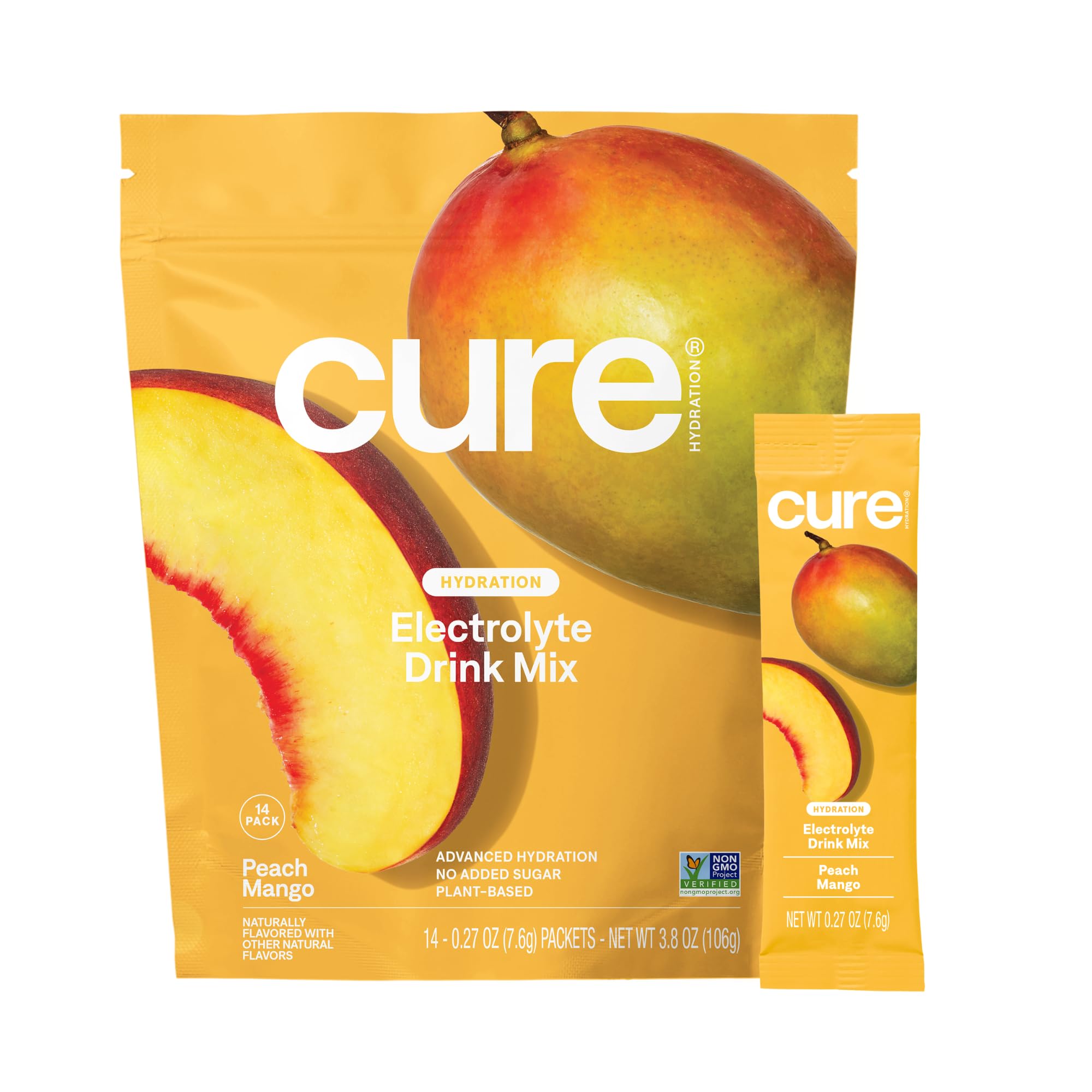 Cure Hydration, pochettes pêche-mangue, hydratation rapide sans sucre ajouté.