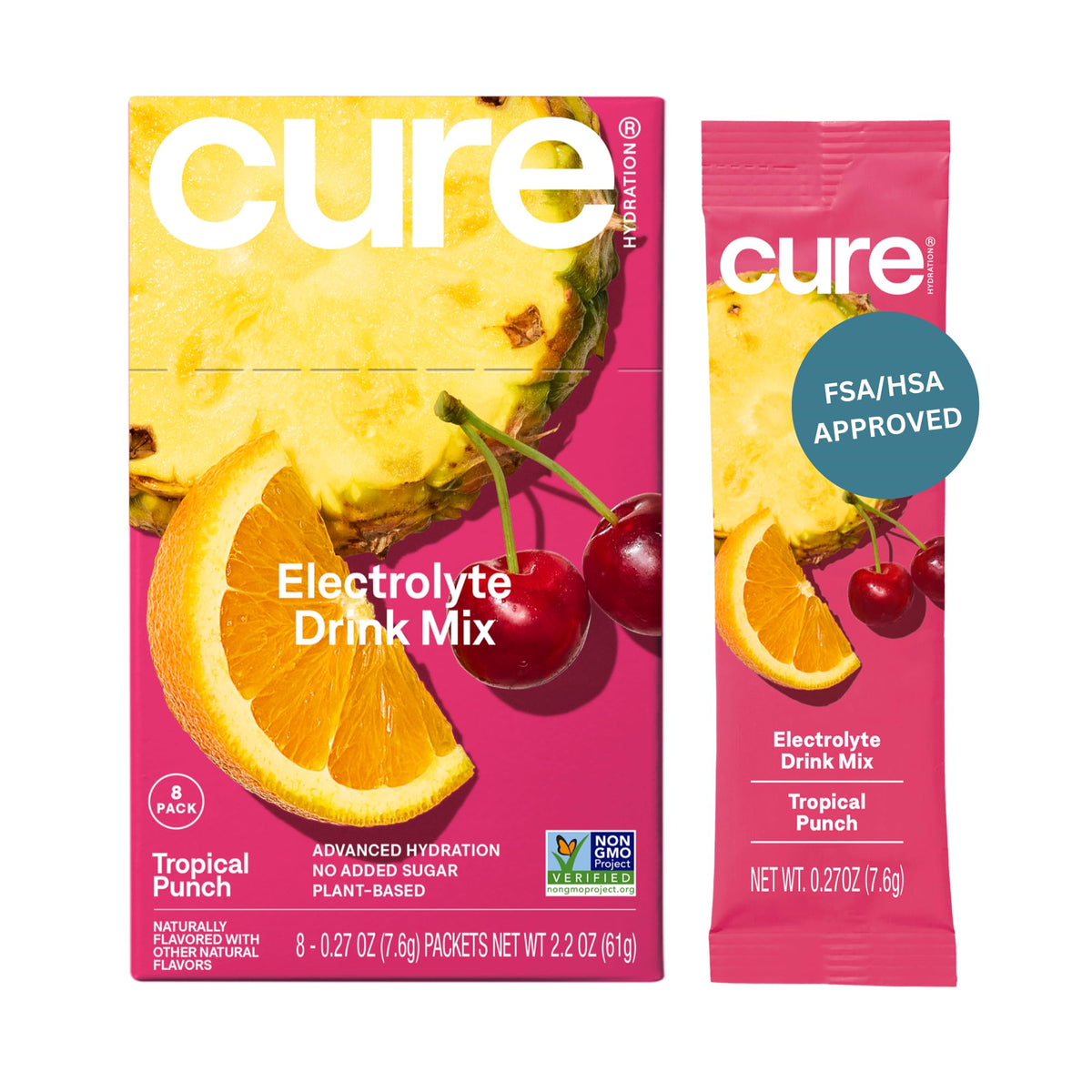 Cure Hydration emballage Tropical Punch, pratique et prêt à emporter pour vos déplacements.