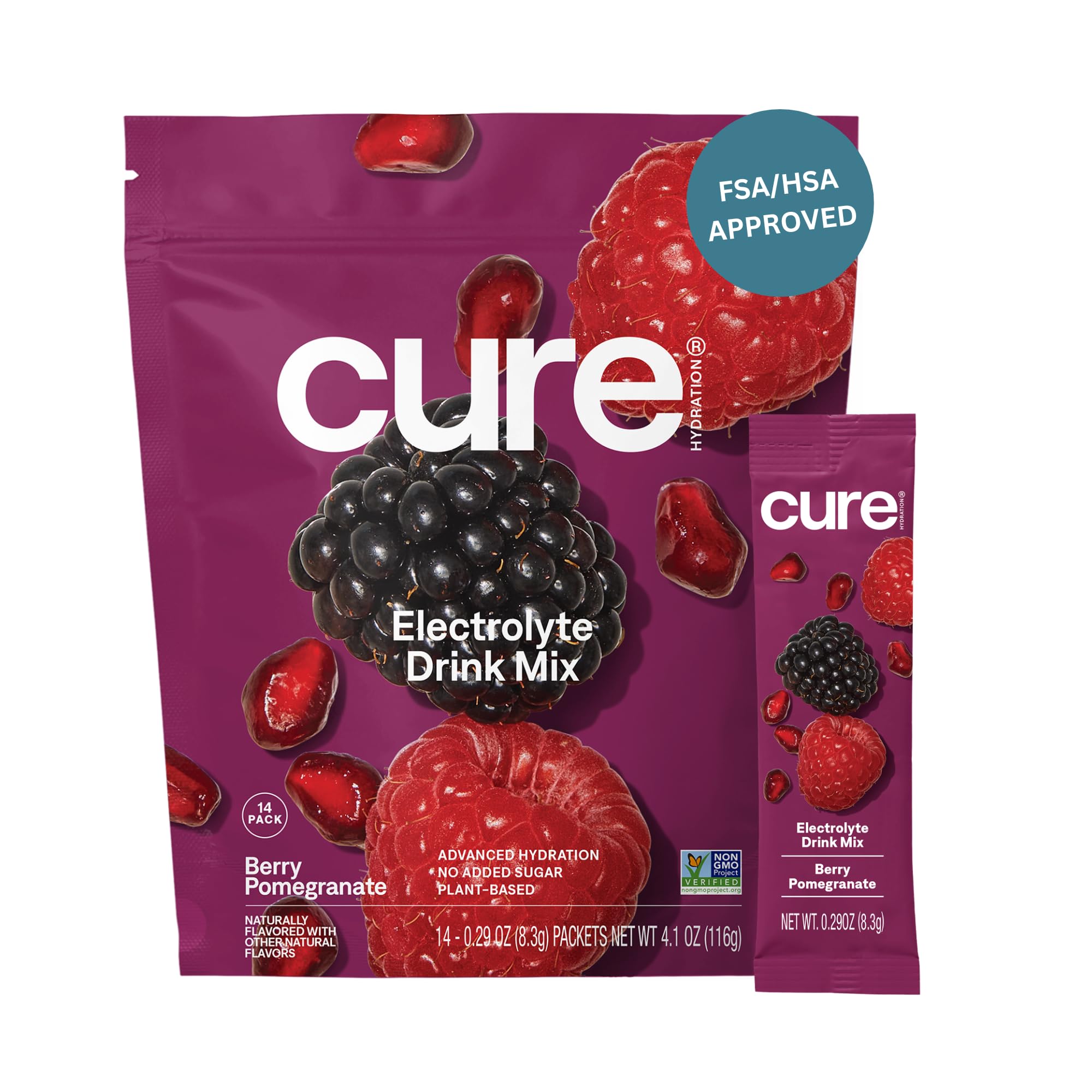 Cure Hydration sachet baie grenade, hydratation sans sucre ajouté et goût fruité.