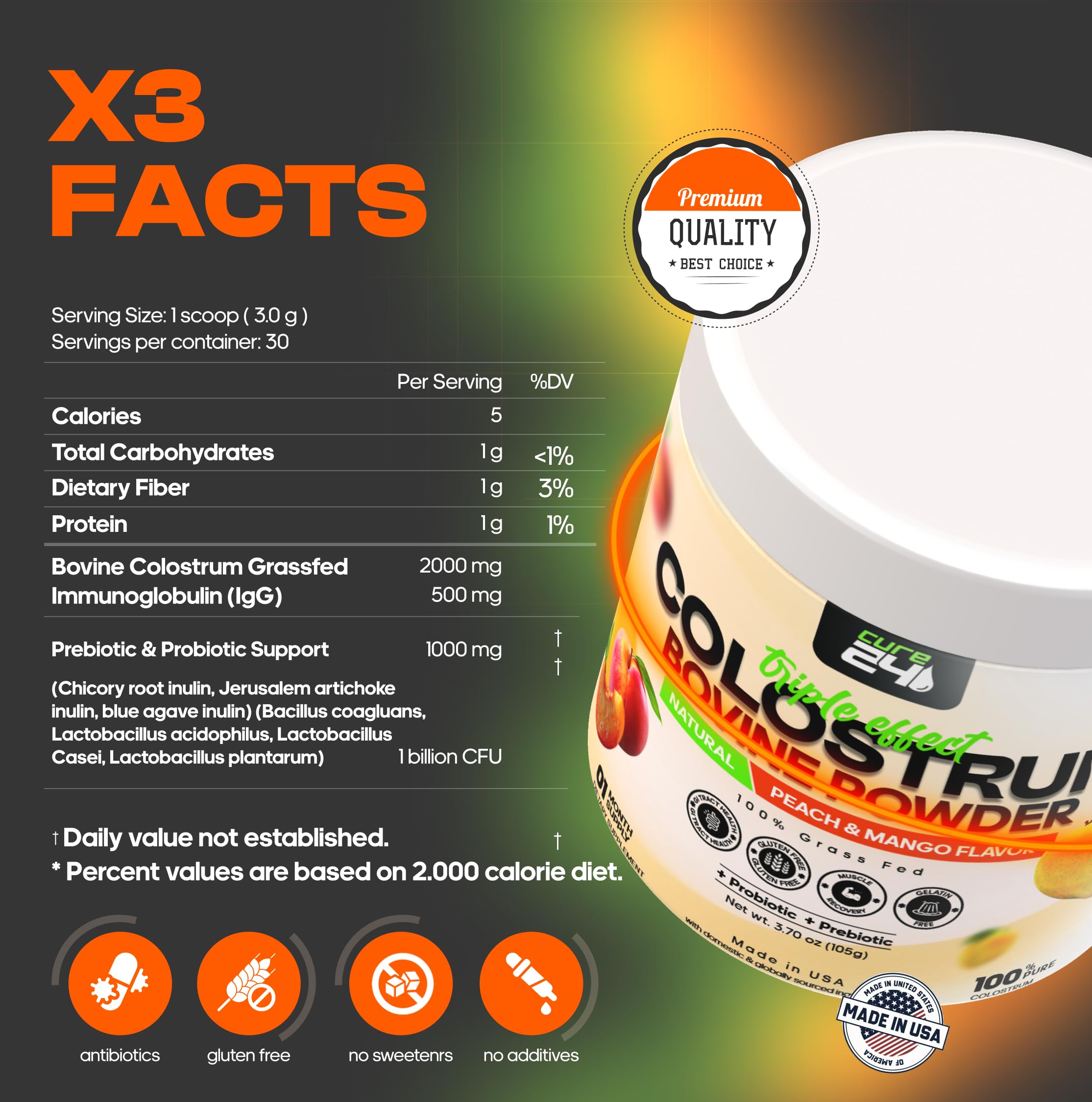 Cure24 Colostrum bouteille eau mangue-pêche prête à diluer.