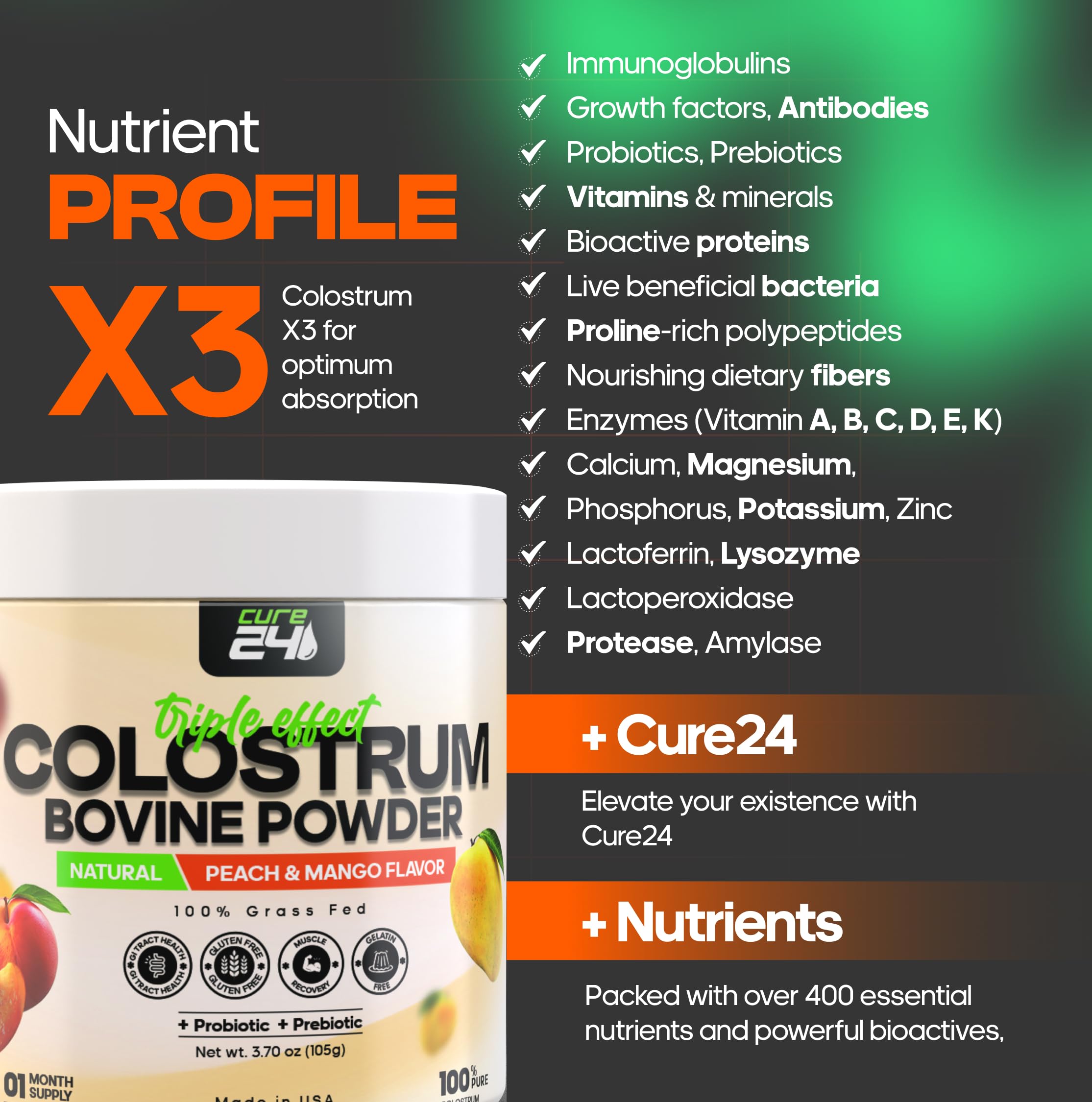 Cure24 Colostrum avec probiotiques et prébiotiques, soutien digestif potentiel.