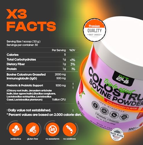 Cure24 Colostrum X3, bouteille poudre, mélange facile dans eau ou smoothie.