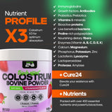 Cure24 Colostrum X3, ingrédients et vitamines pour une nutrition globale.