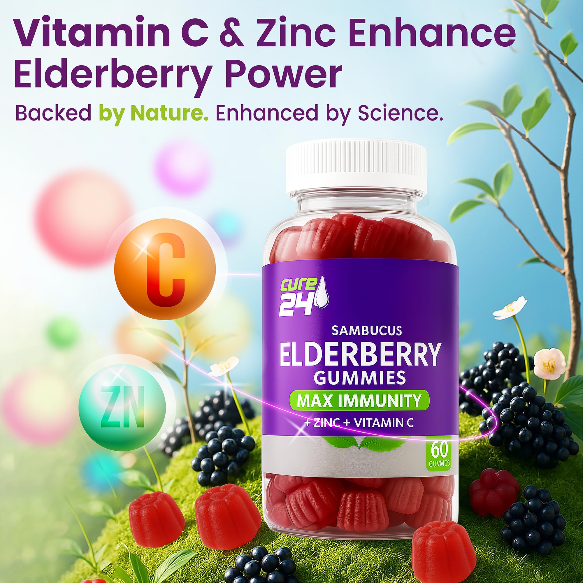 Gommes Cure24 Sambucus avec vitamine C, mise en évidence de l'ingrédient clé.