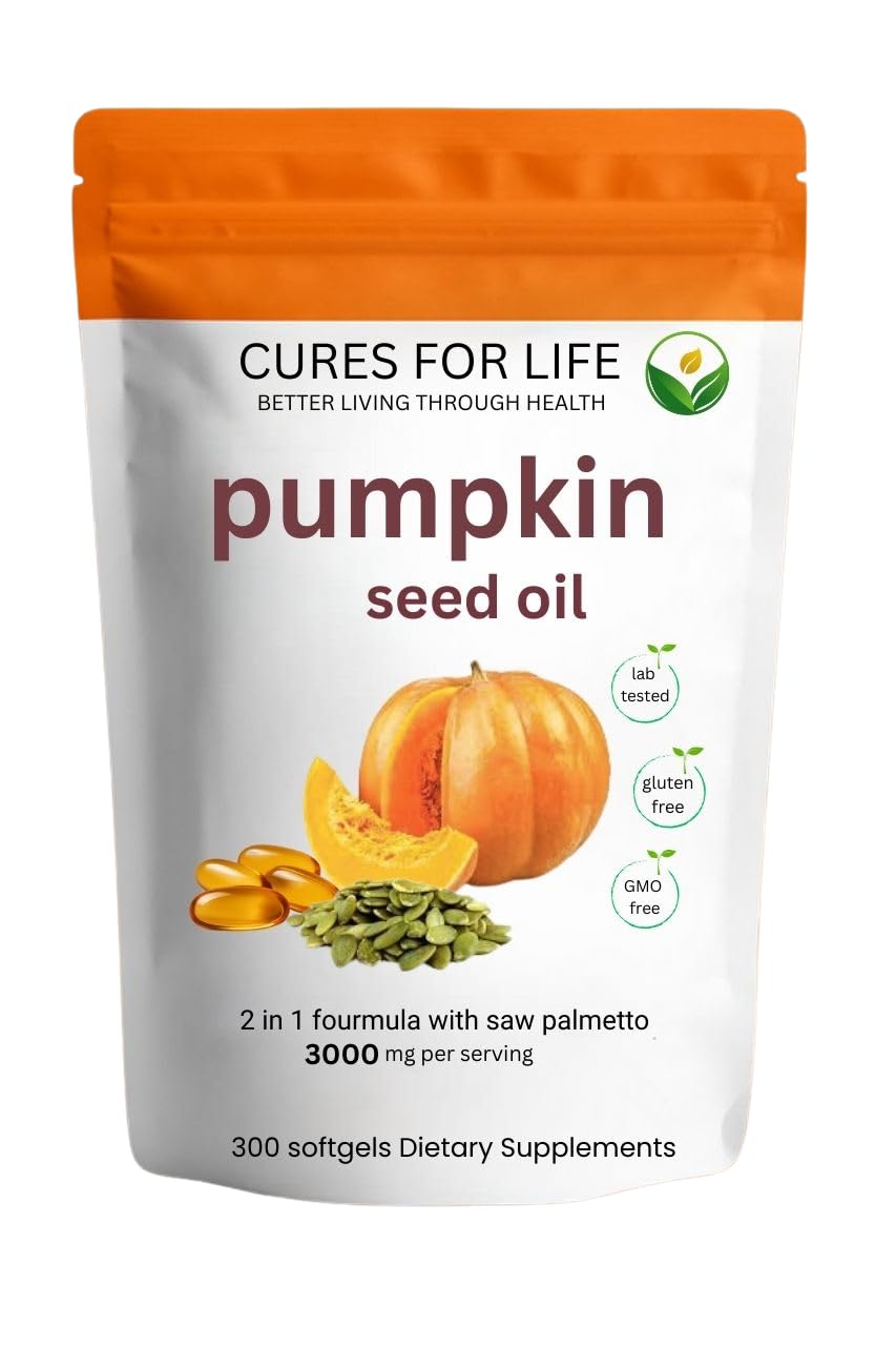 Cures For Life : bouteille d'huile de pépins de courge avec étiquette, soutien potentiel à la vitalité.