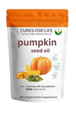 Cures For Life : bouteille d'huile de pépins de courge avec étiquette, soutien potentiel à la vitalité.