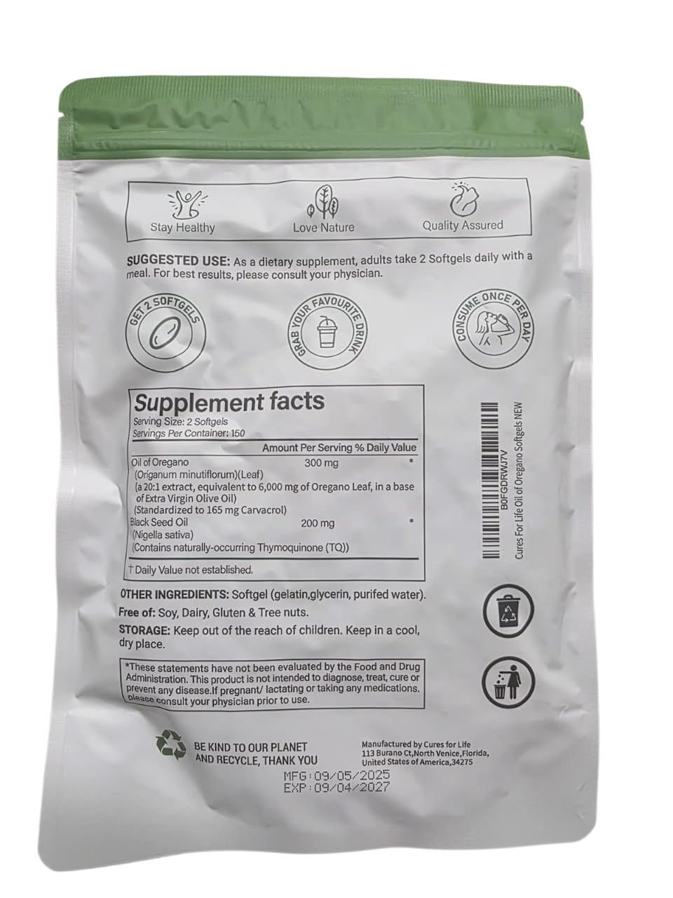 Cures For Life Origan Softgels – boîte extérieure présentant le produit et sa pureté.