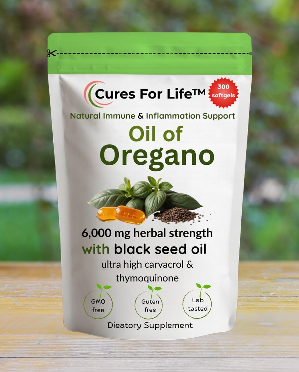 Cures For Life Origan Softgels – bouchon fermé et capsules prêtes à l'emploi.