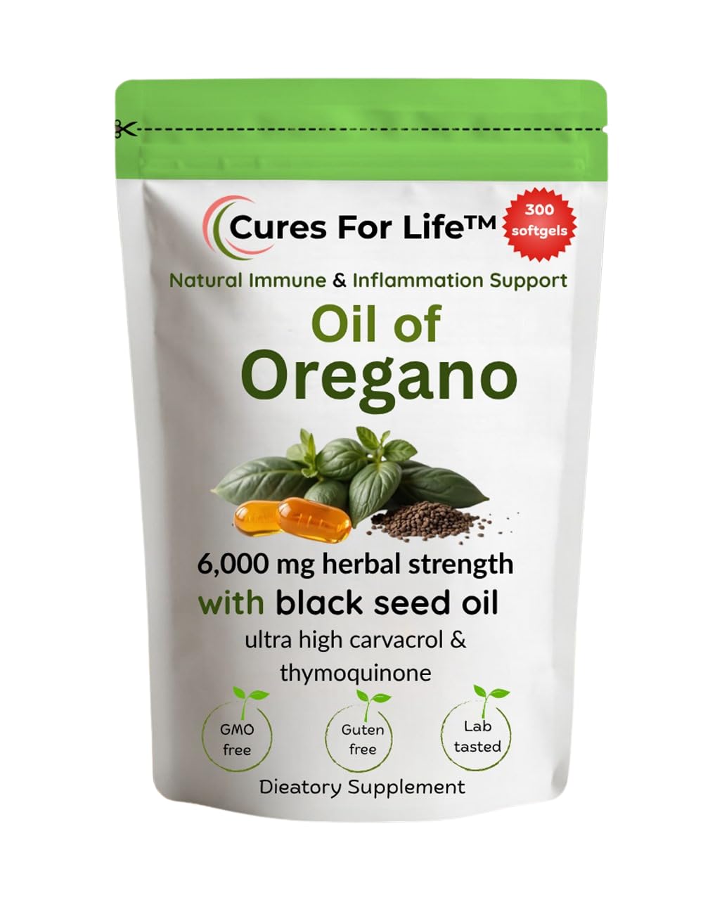 Cures For Life Origan Softgels – bouteille visible, soutien quotidien.