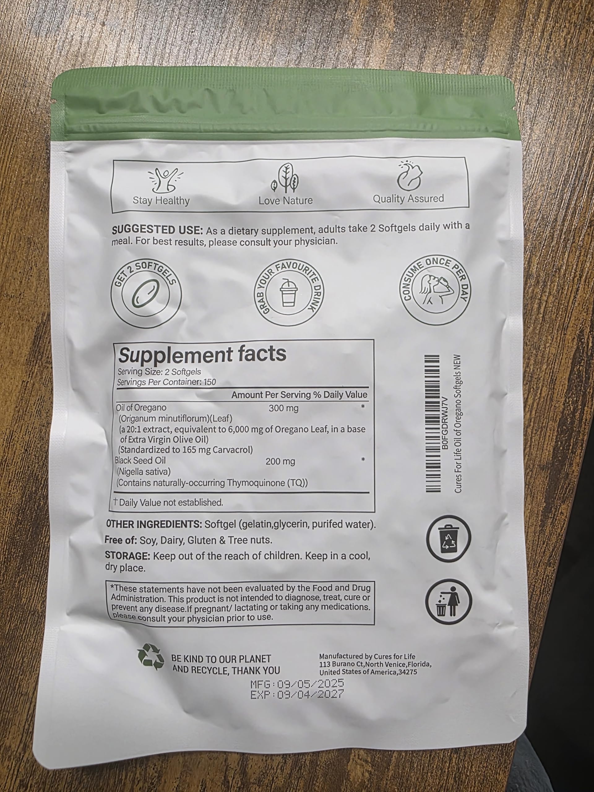 Cures For Life Origan Softgels – usage quotidien recommandé.