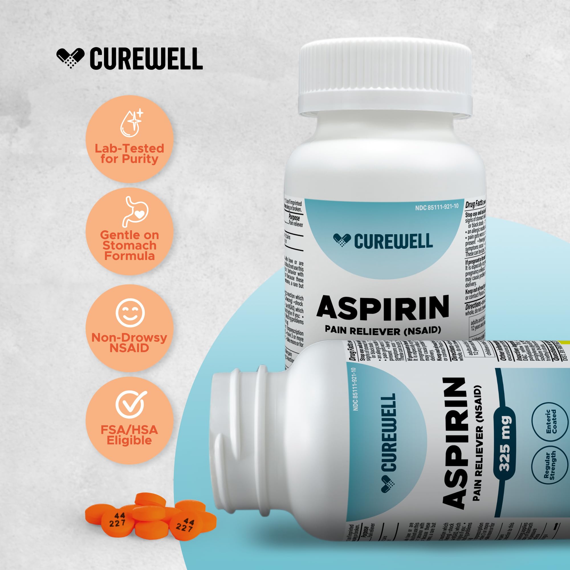 Aspirine CUREWELL en tablettes 325 mg dans blister pour absorption douce.