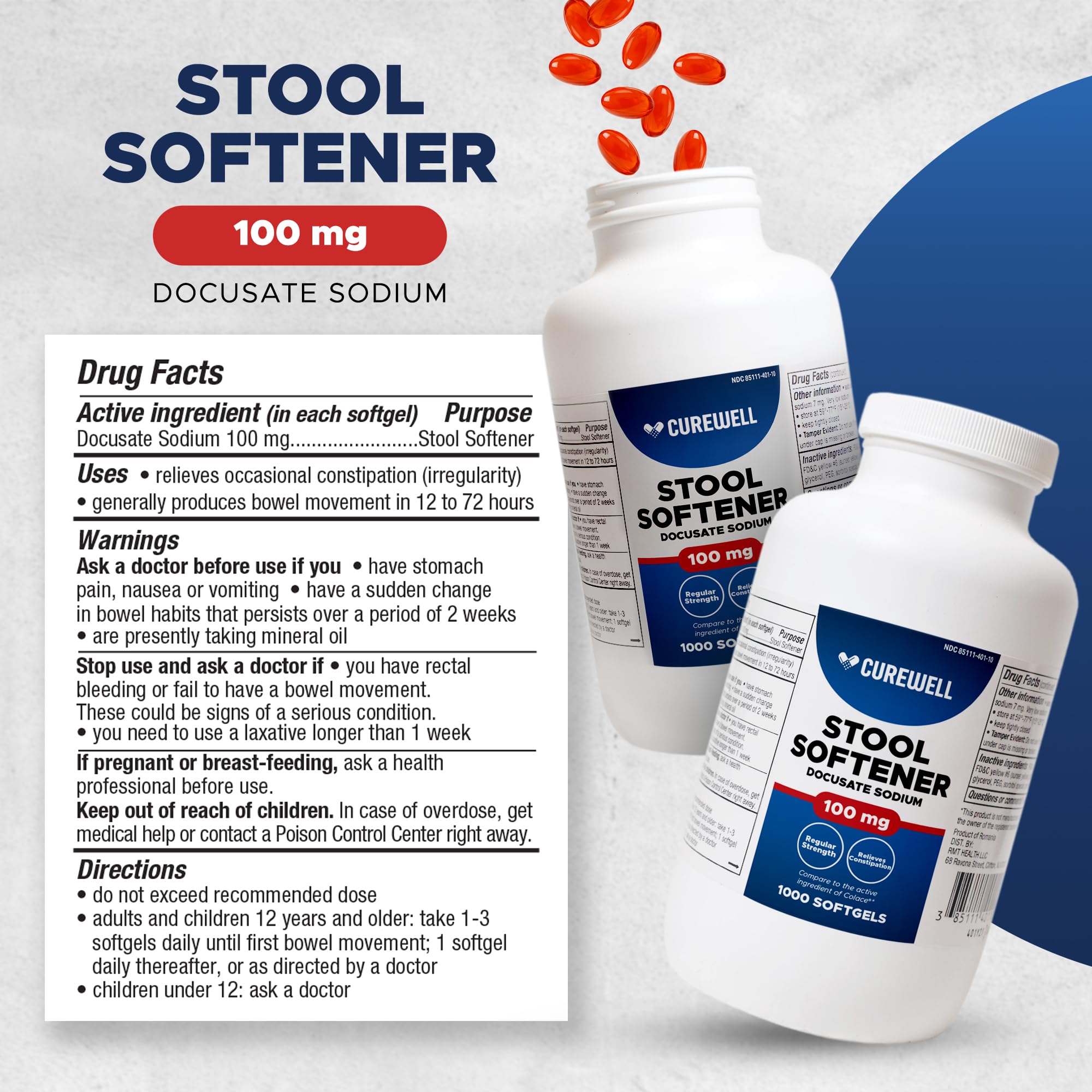 Dosage par gélule affiché: 100 mg d’émollient CUREWELL.