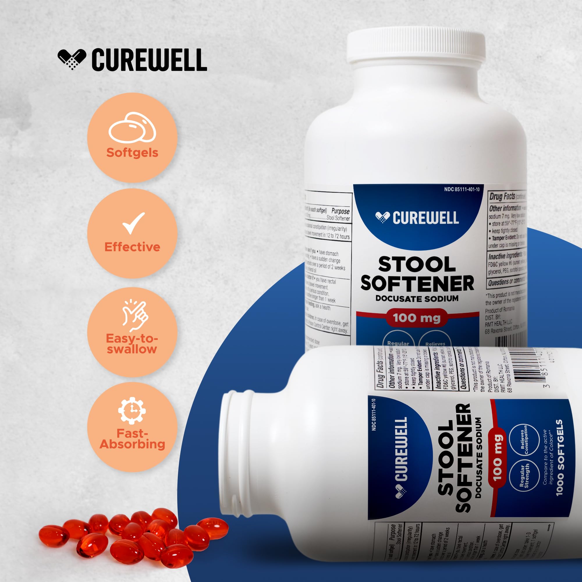 CUREWELL gélules émollientes en plan rapproché, gélules sans goût et faciles à avaler.