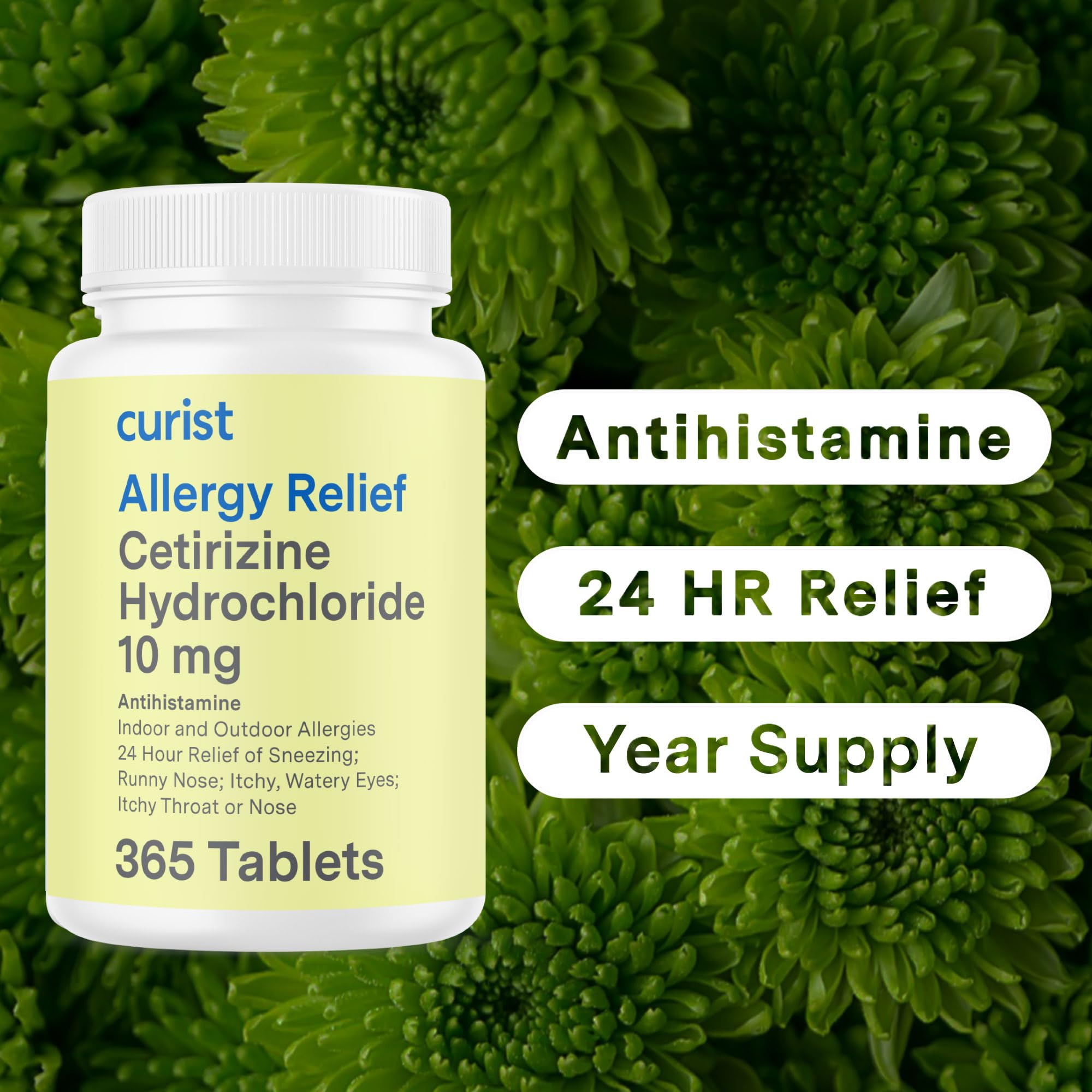 Curist Cetirizine 10 mg, comprimés illustrés, lutte potentielle contre éternuements.