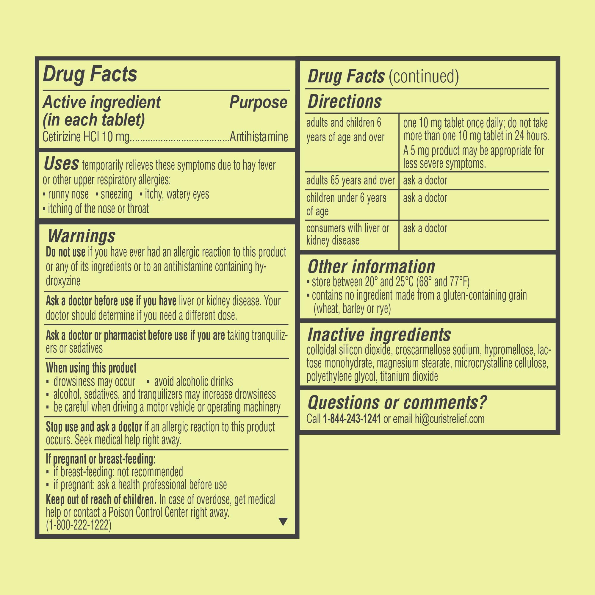 Curist Cetirizine 10 mg, flacon pratique, usage quotidien possible.