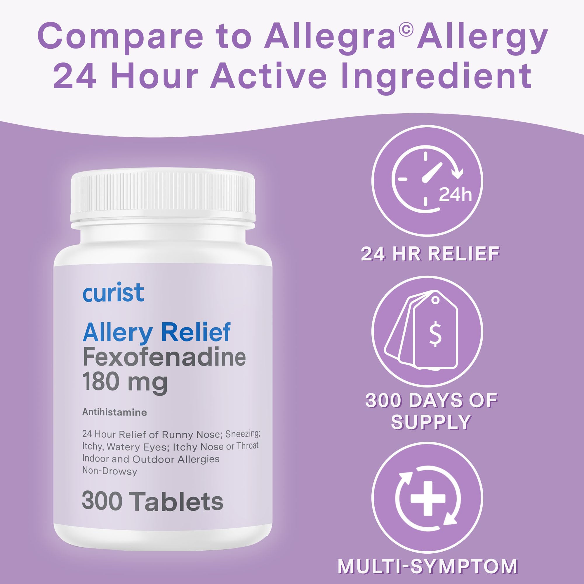 Curist Fexofenadine 180 mg, prise quotidienne, peut atténuer éternuements et yeux qui démangent.