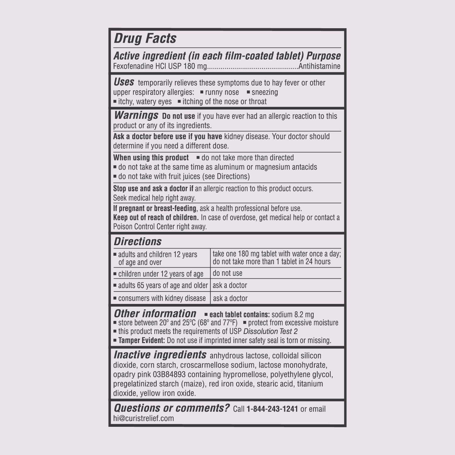 Curist Fexofenadine 180 mg, emballage clair, référence utile lors des commandes.