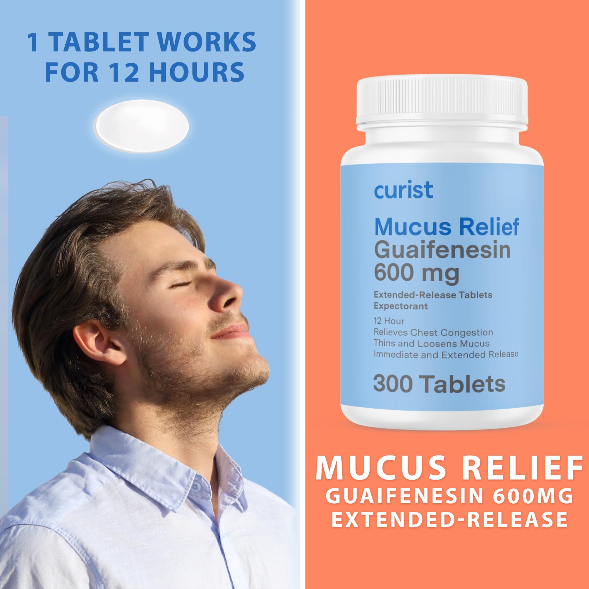 Tablette blanche Curist Guaifenesin 600 mg, sans colorants.