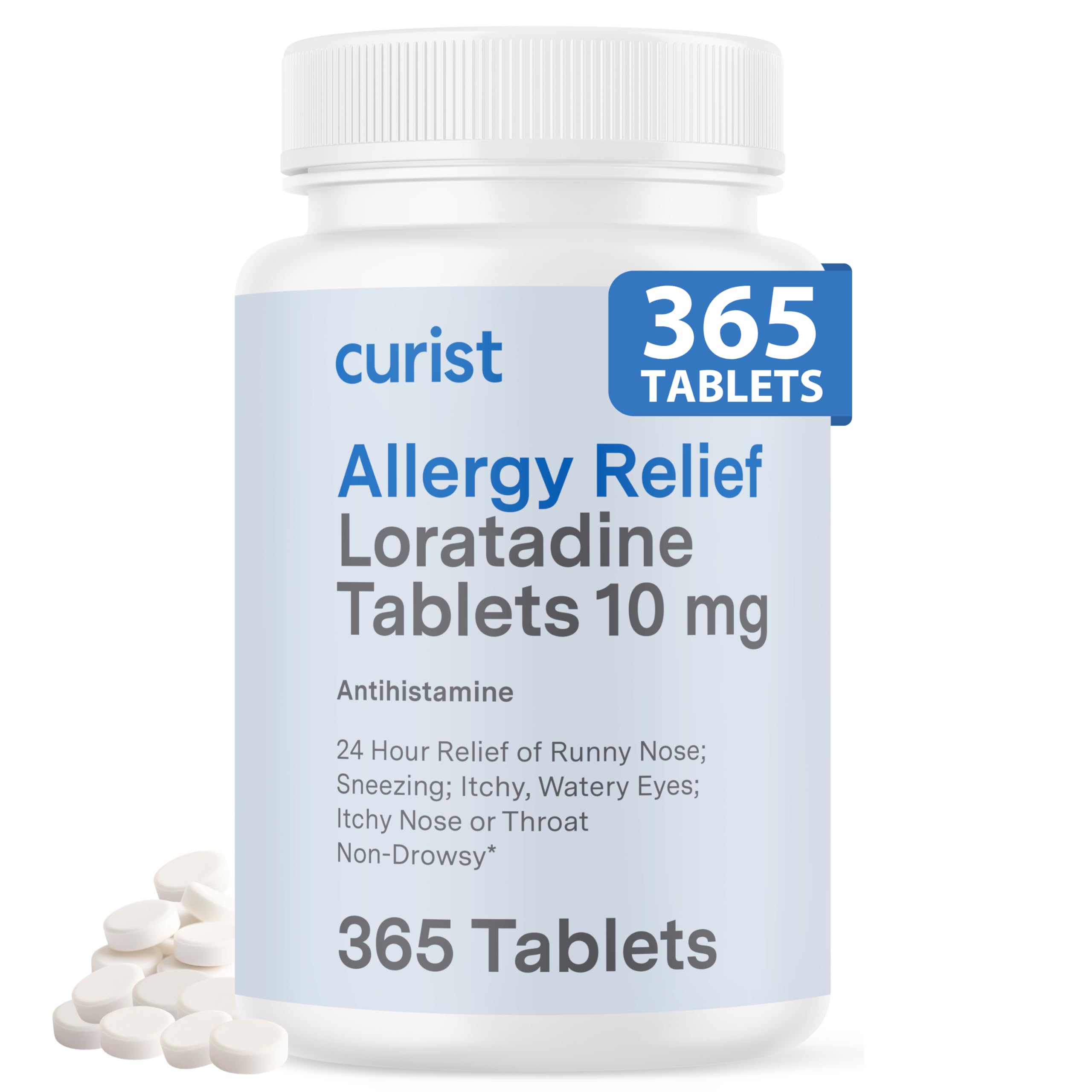 Curist Loratadine 10 mg, bouteille de 365 comprimés, usage annuel pratique.