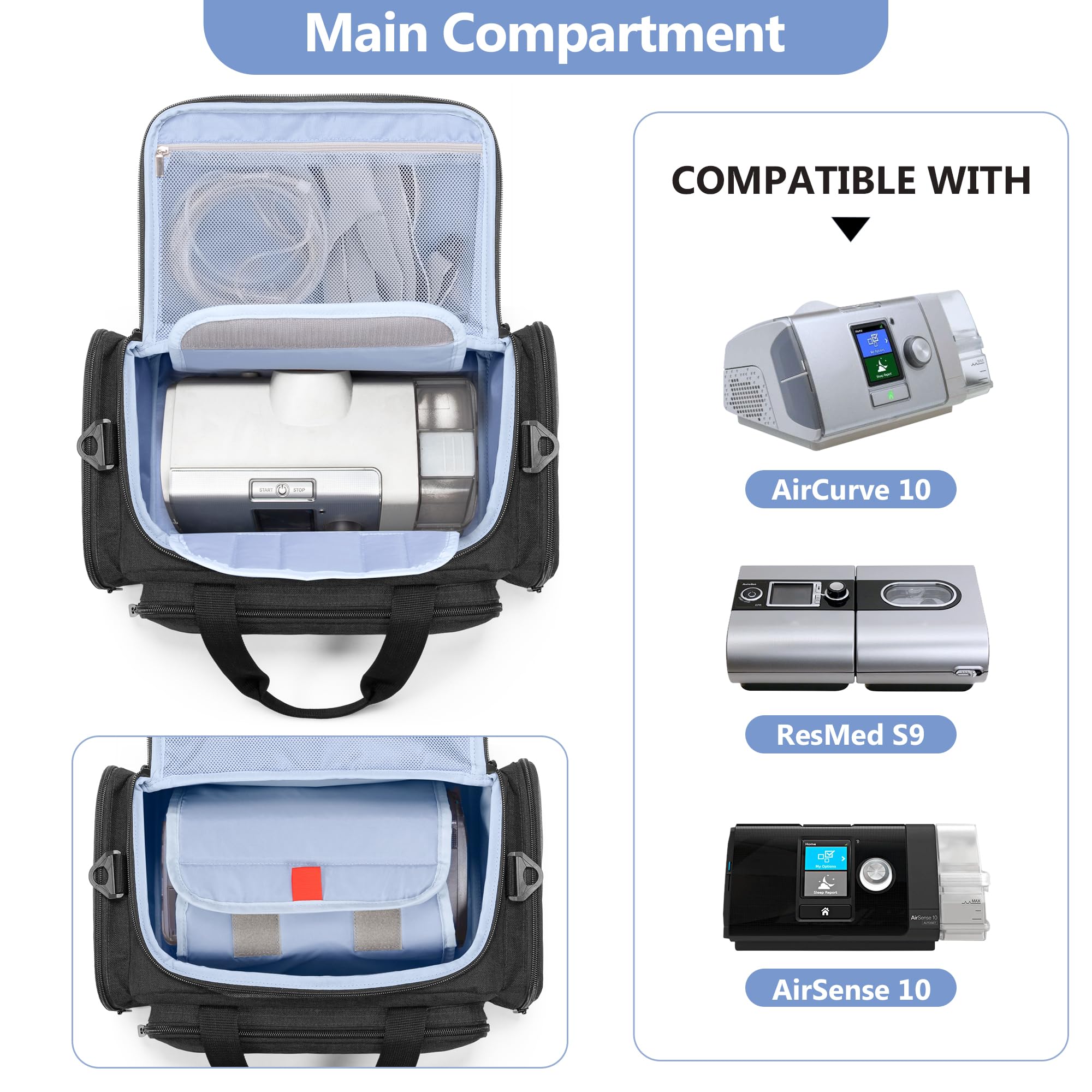 CURMIO Sac CPAP avec poche filet supérieure pour tuyaux et petits accessoires.