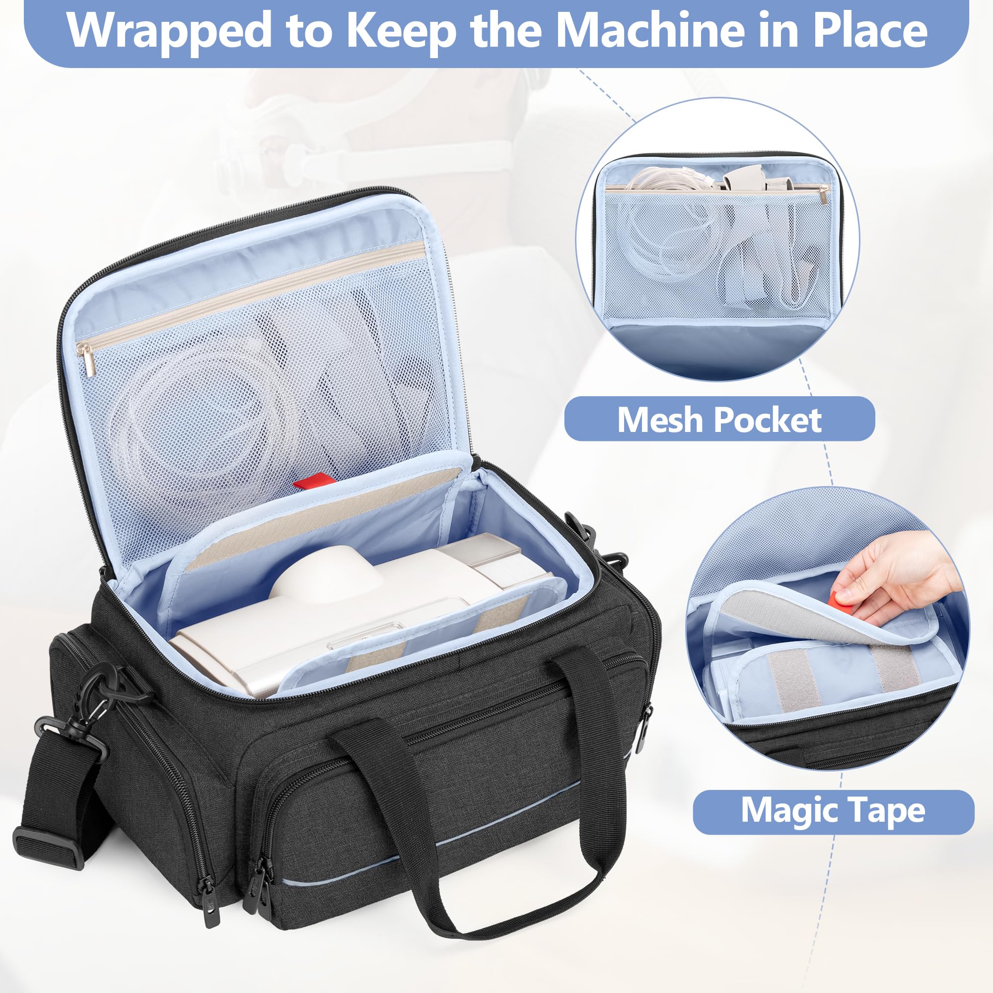 CURMIO Sac CPAP avec poches avant et latérales pour organiser masques et câbles.