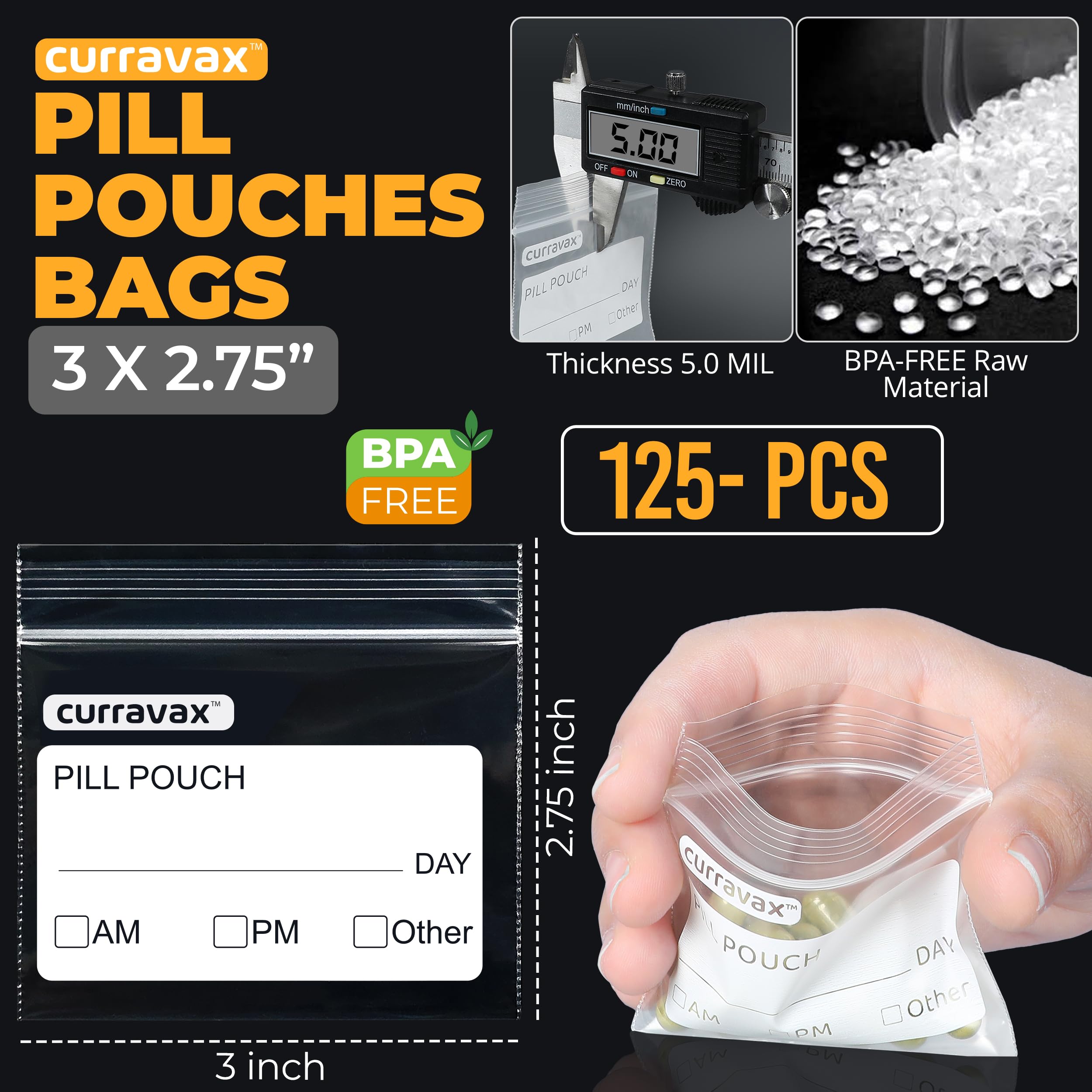 CURRAVAX pochette-pilules transparente 225, idéale pour itinéraire quotidien.