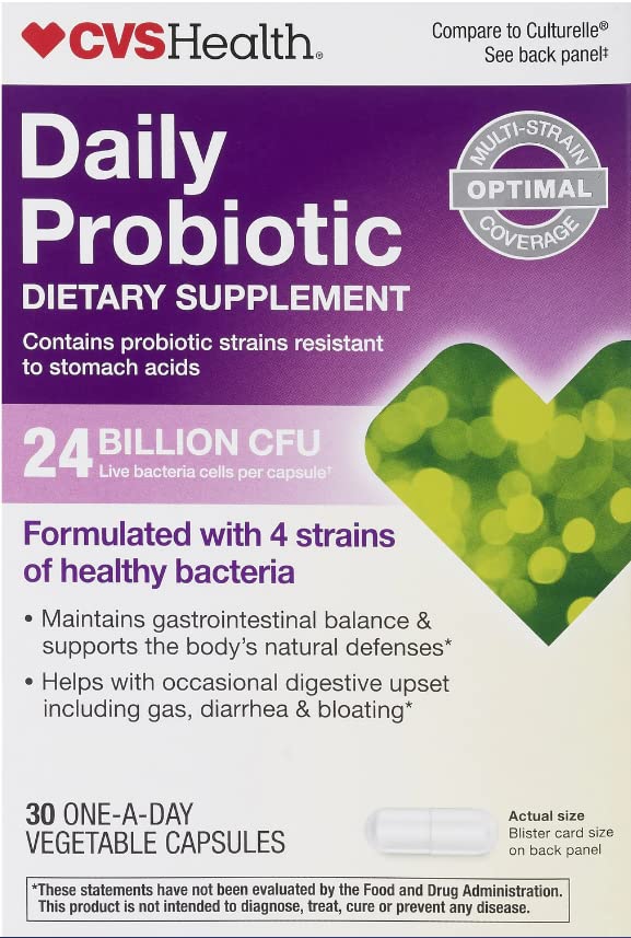 CVS Health Probiotique en gélule dans la bouteille, soutien potentiel à l'équilibre intestinal.