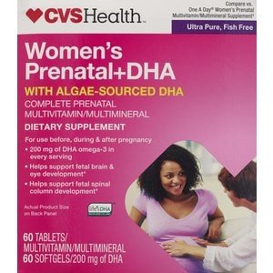 CVS Health Prenatal DHA, bouteille et versement, soutien potentiel au développement cérébral et visuel.