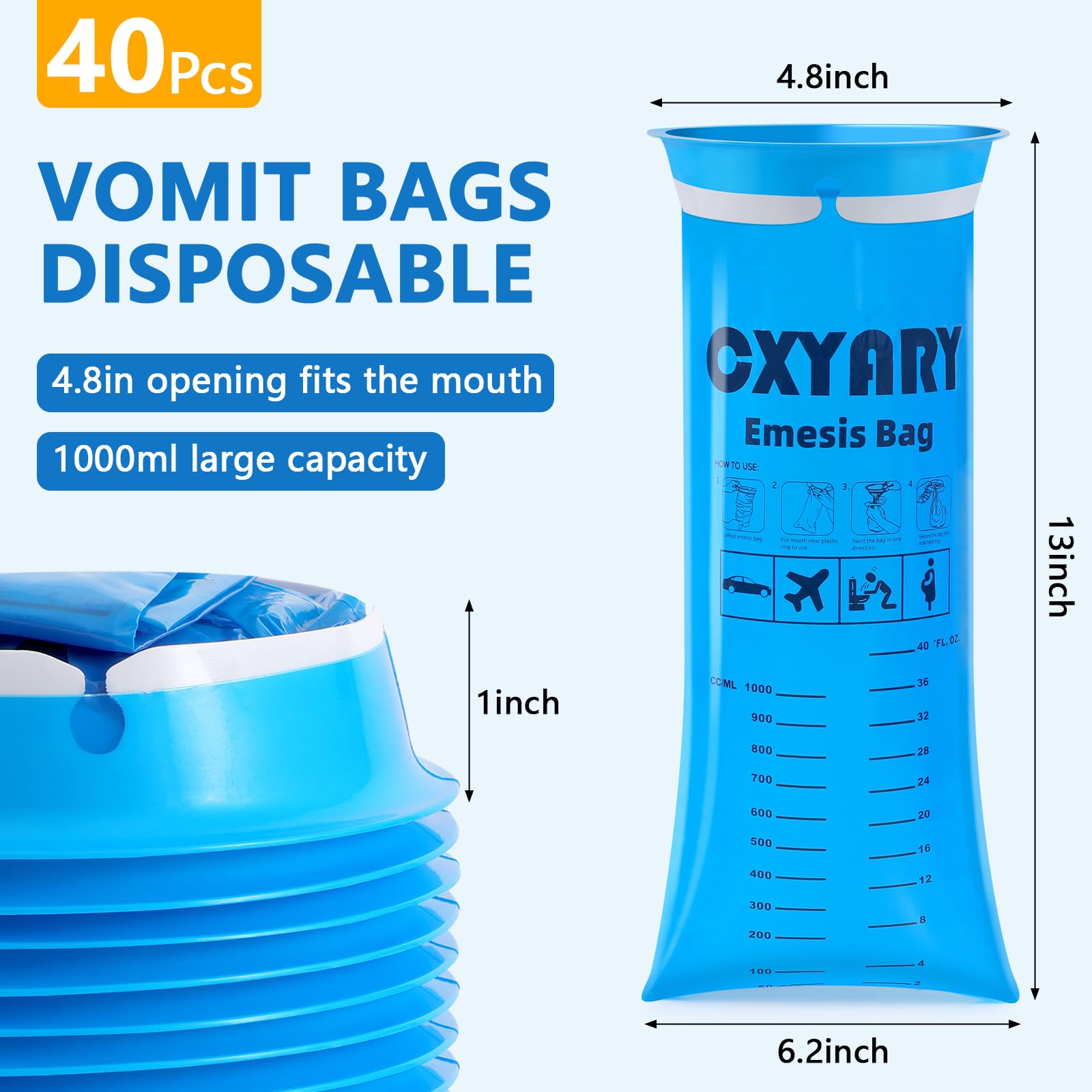 Capacité 1000 ml du sac d'émèse CXYARY, utile pour nausées