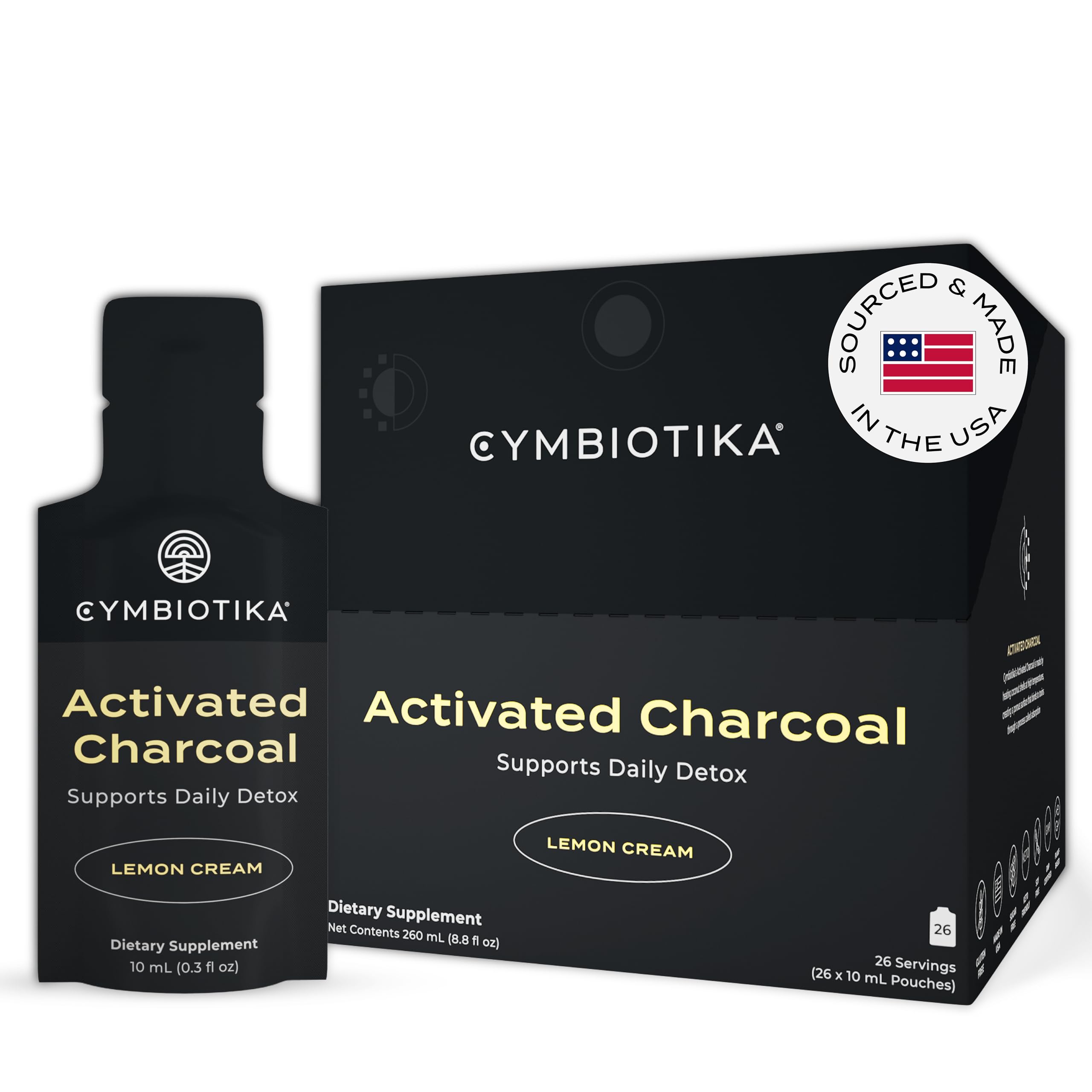 CYMBIOTIKA Charbon Actif sachets citron crème pour soutien digestif potentiel.