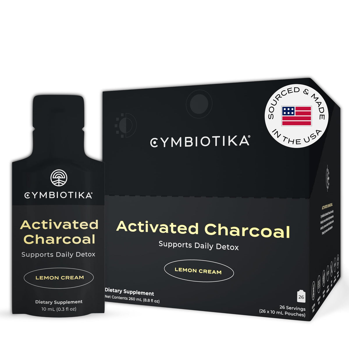 CYMBIOTIKA Charbon Actif sachets citron crème pour soutien digestif potentiel.