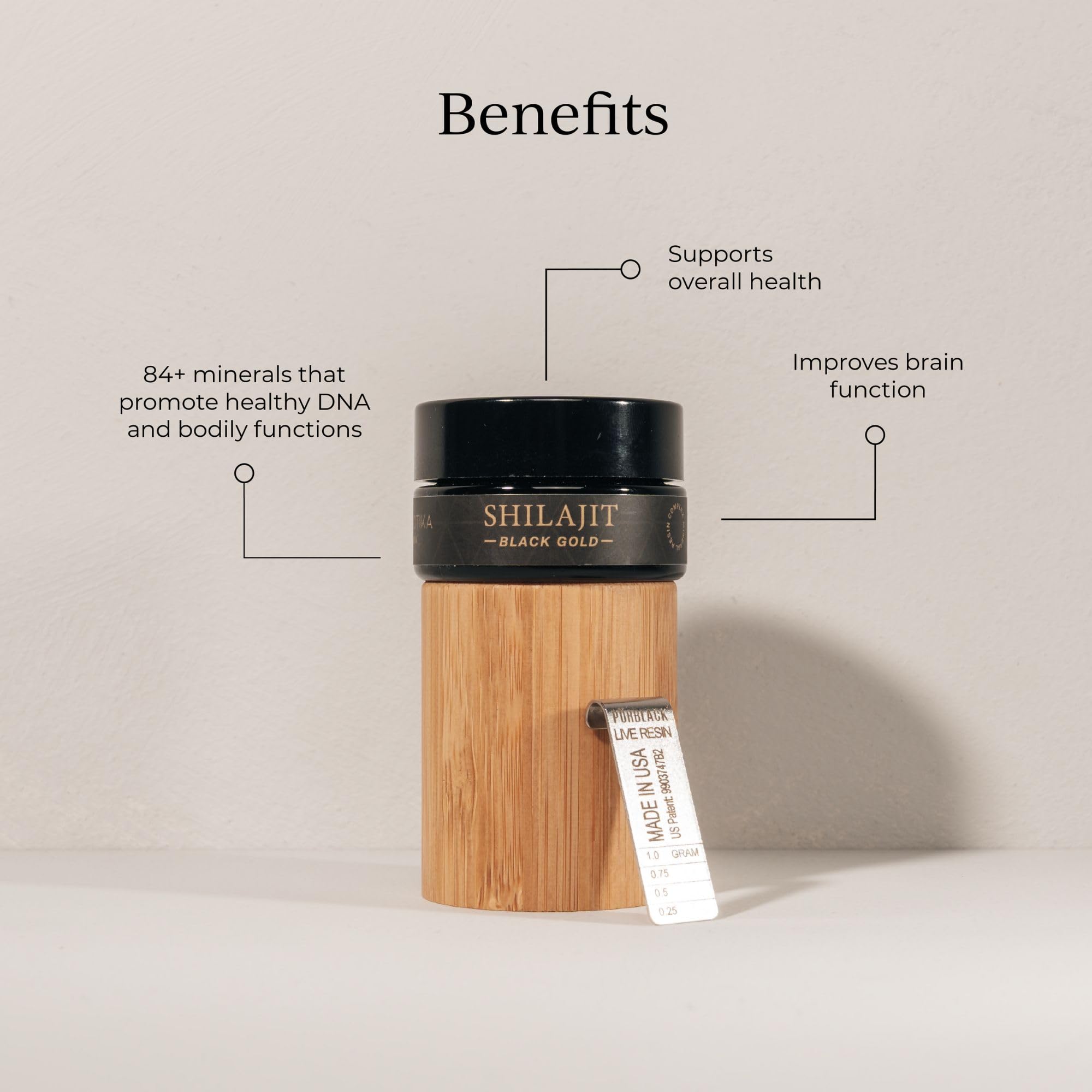 CYMBIOTIKA Résine Shilajit dose-cuillère, mesure précise du dosage quotidien.