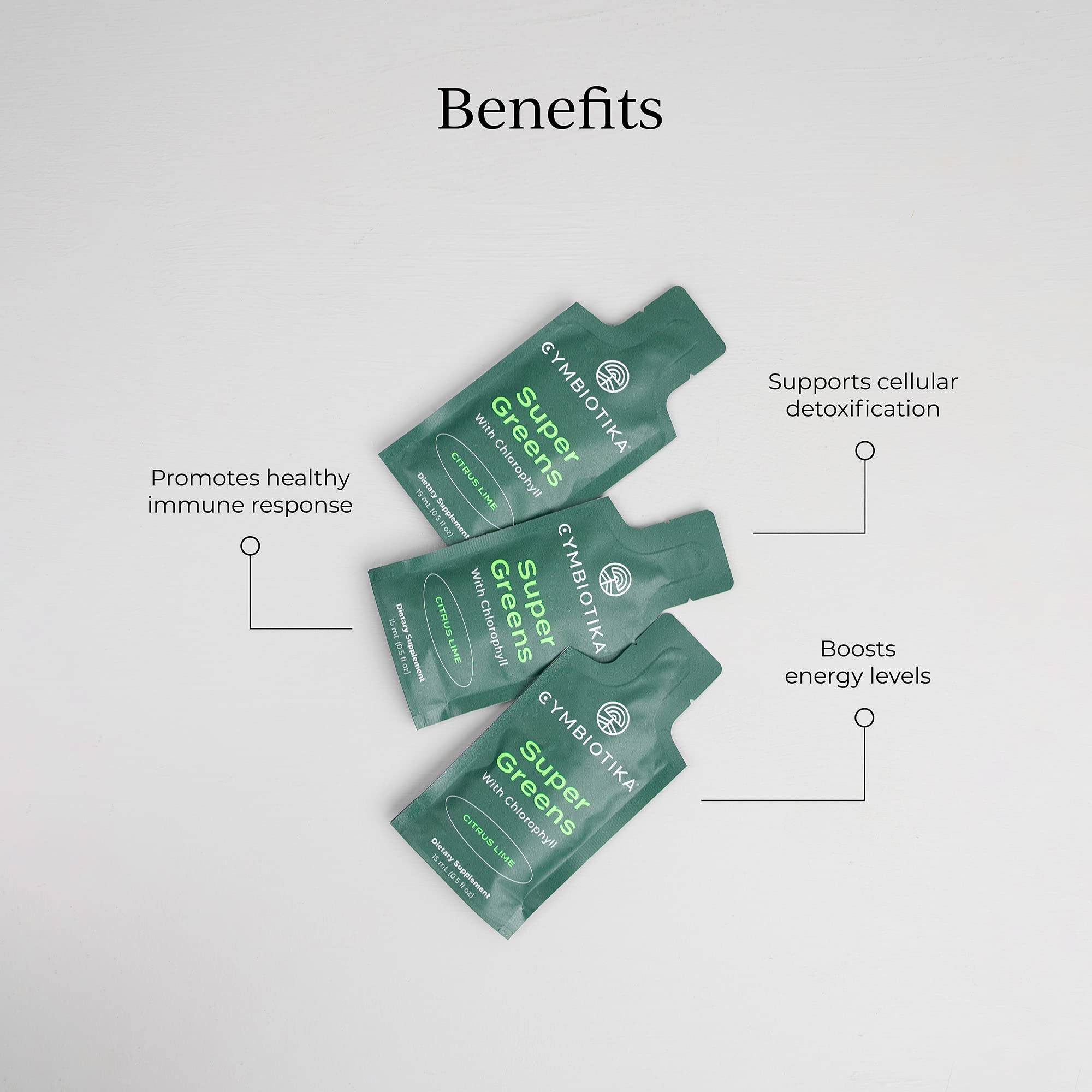 CYMBIOTIKA Super Greens: poudre-verte en gros plan, source d'antioxydants pour l'immunité.