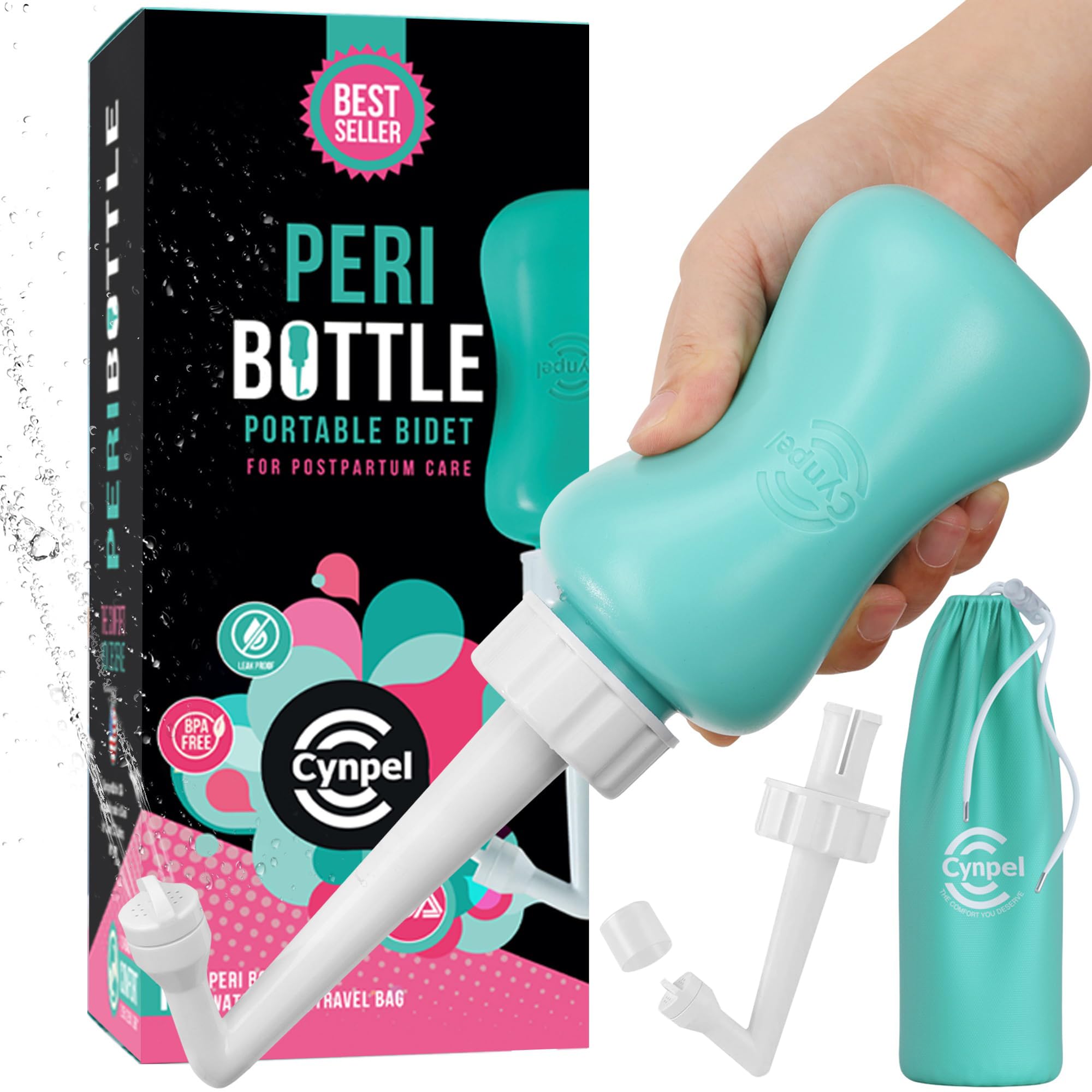Cynpel Bouteille périnéale en usage quotidien, nettoyage doux et pratique après l'accouchement.