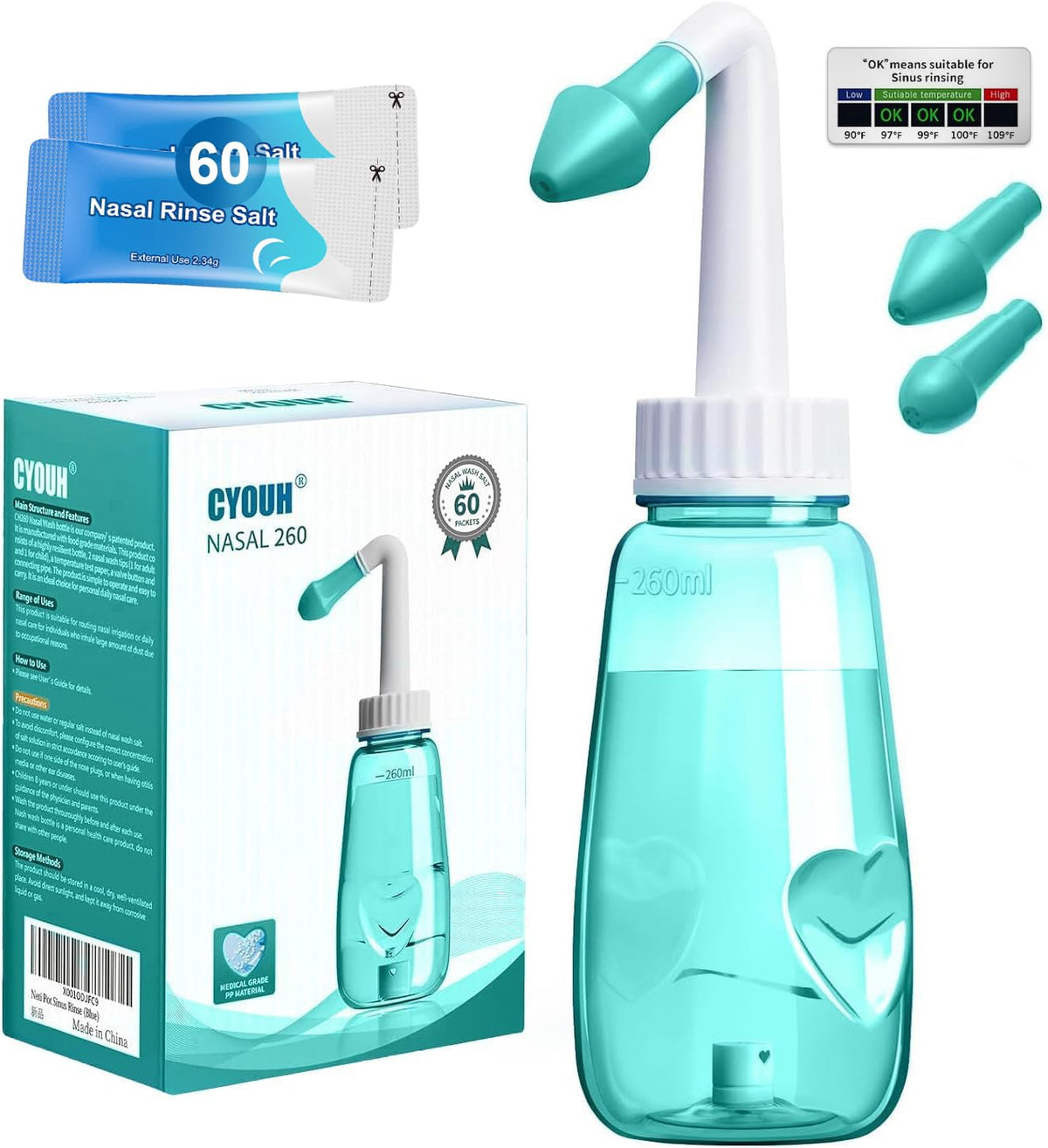 CYOUH Neti Pot: bouteille de rinçage nasal de 260 ml avec flux contrôlé.