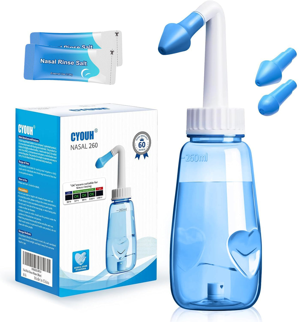 CYOUH Neti Pot, bouteille rinçage 260 ml, flux doux et contrôlé.
