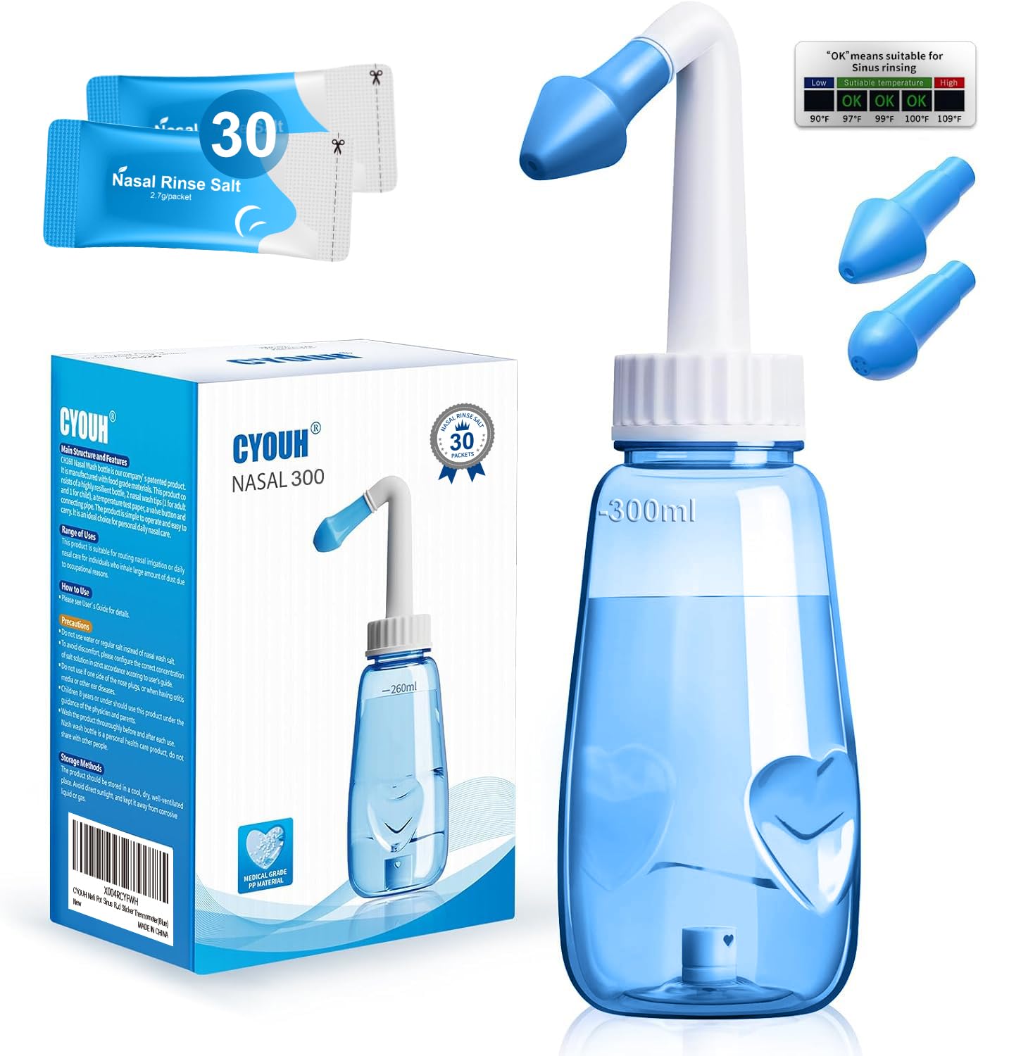 CYOUH Neti Pot: bouteille rinage sinus 300 ml, respiration facilitée.