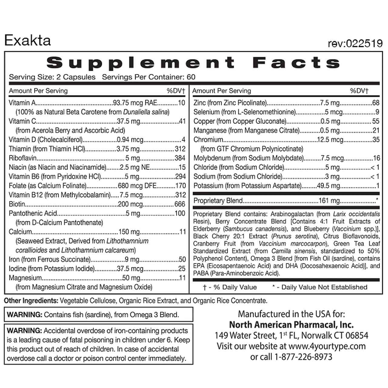 Exakta par D'Adamo : étiquette-produit lisible pour suivre vos apports nutritionnels quotidiens.