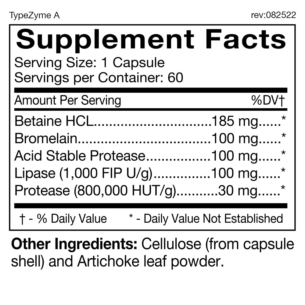 D'Adamo TypeZyme – étiquette en gros plan, formulation adaptée au Type A pour meilleure absorption.
