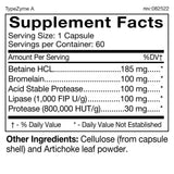 D'Adamo TypeZyme – étiquette en gros plan, formulation adaptée au Type A pour meilleure absorption.