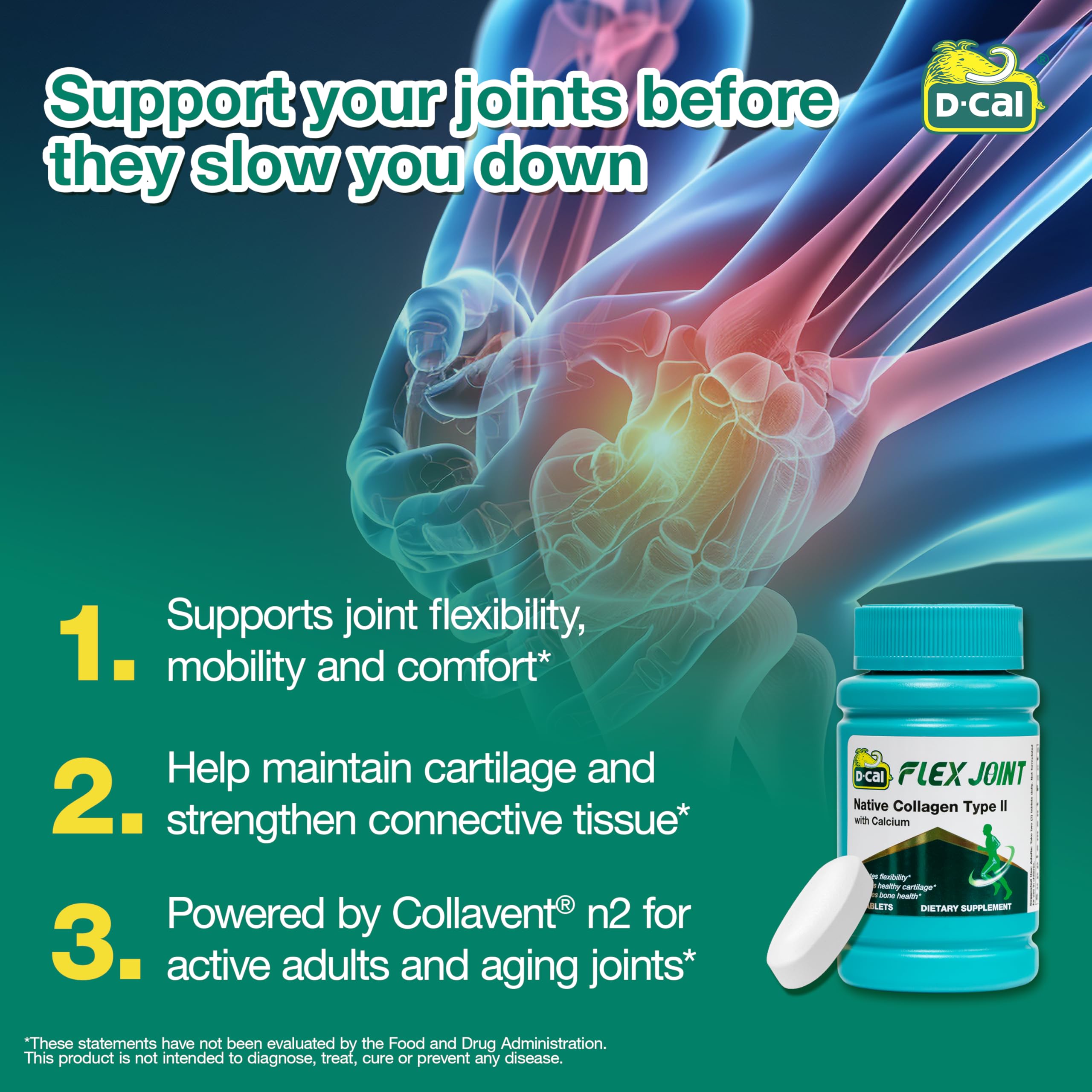 D-Cal Flex Tablettes: prise quotidienne facilitant la flexibilité et le mouvement.
