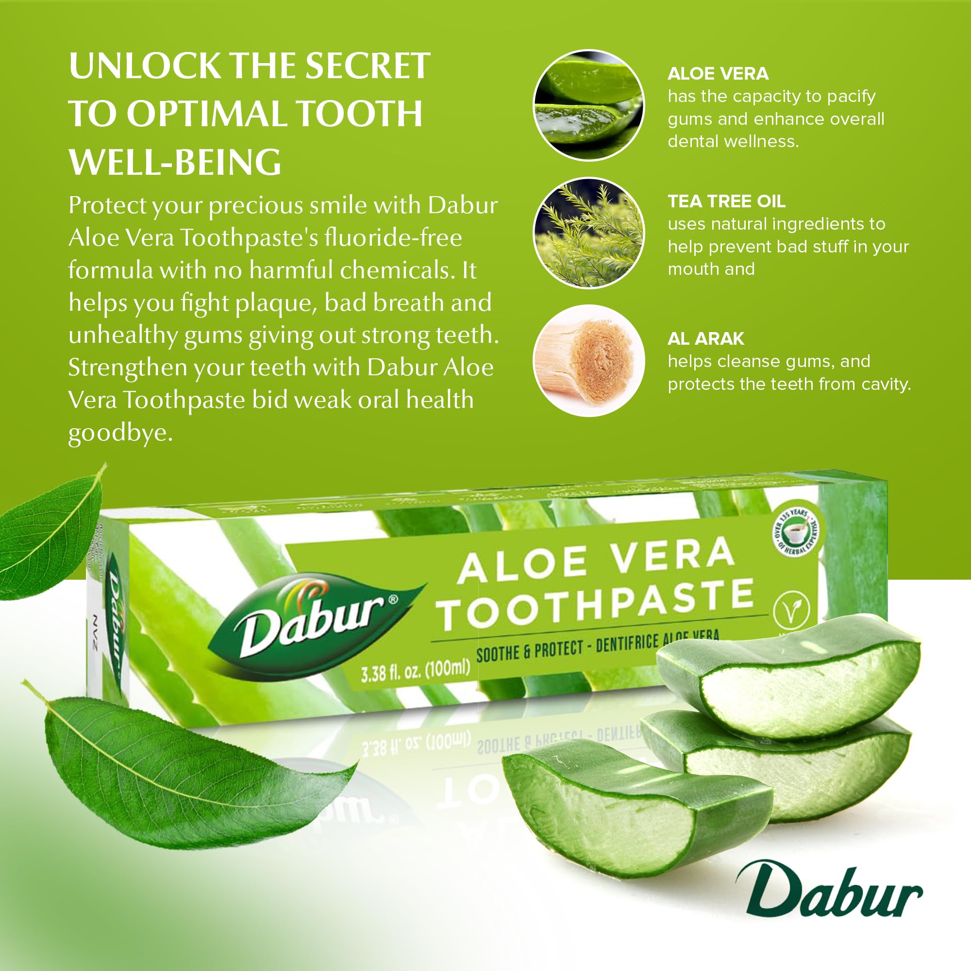 Application quotidienne du dentifrice Dabur Aloe Vera en routine efficace.