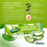 Application quotidienne du dentifrice Dabur Aloe Vera en routine efficace.