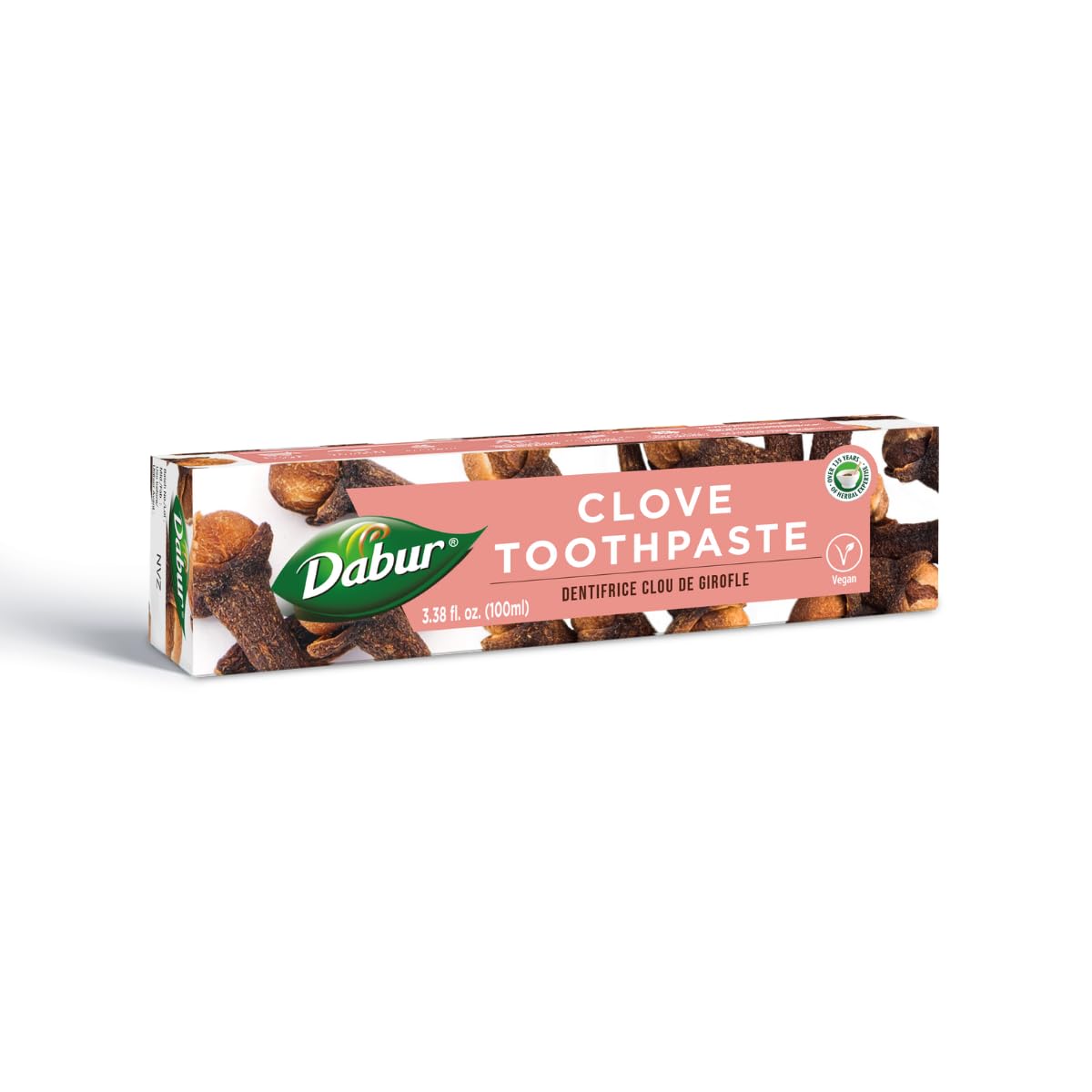 Dabur dentifrice aux herbes girofle, tube visible pour haleine fraîche naturelle.